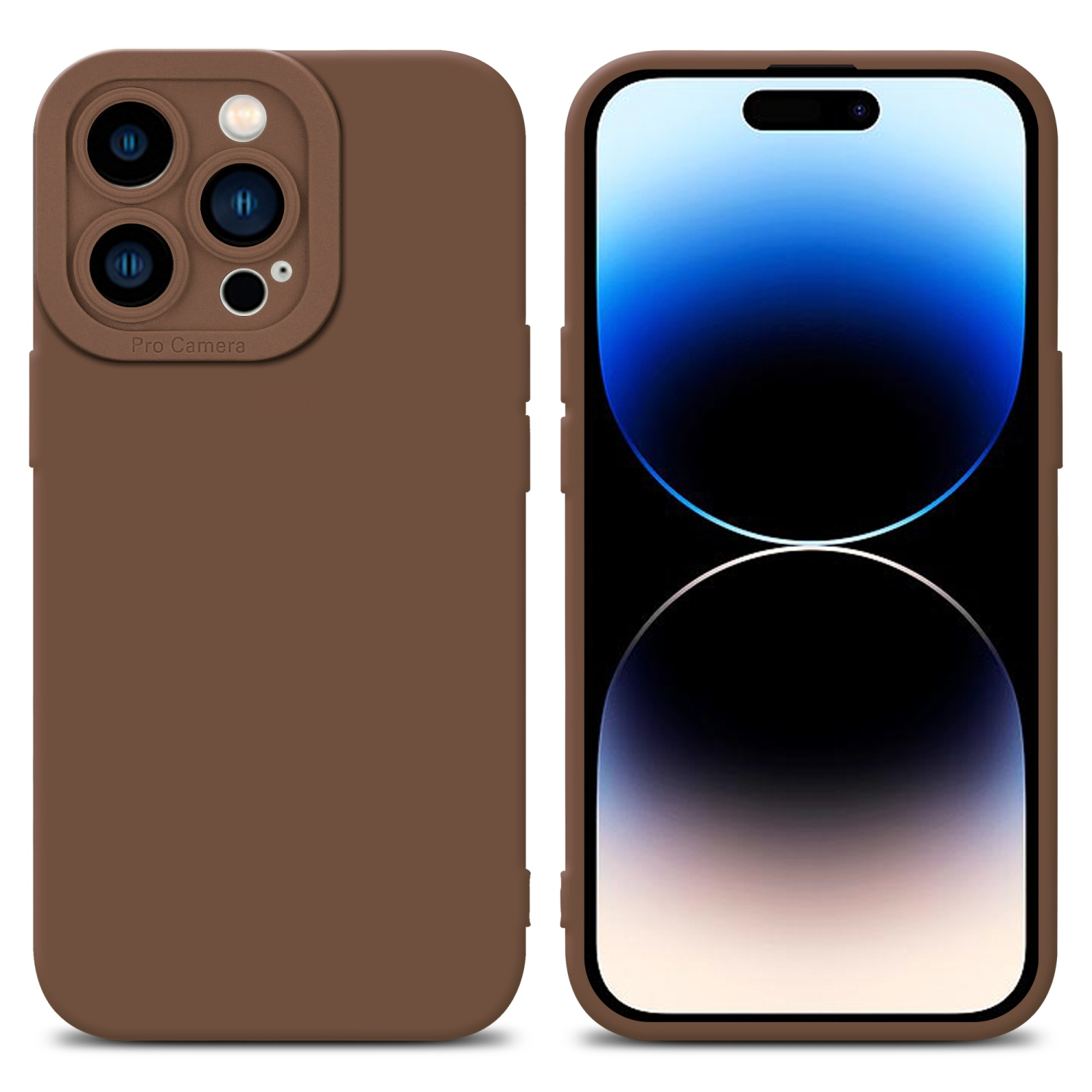 Due custodie marroni per telefono, una mostra uno schermo con uno sfondo blu.