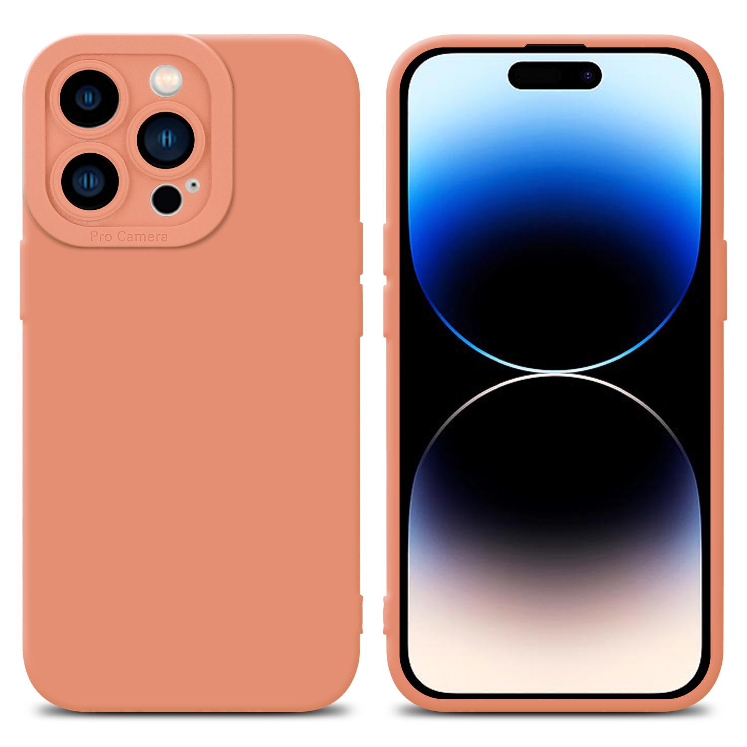 Due telefoni cellulari. Uno con custodia arancione, l'altro con schermo blu, sfondo bianco.