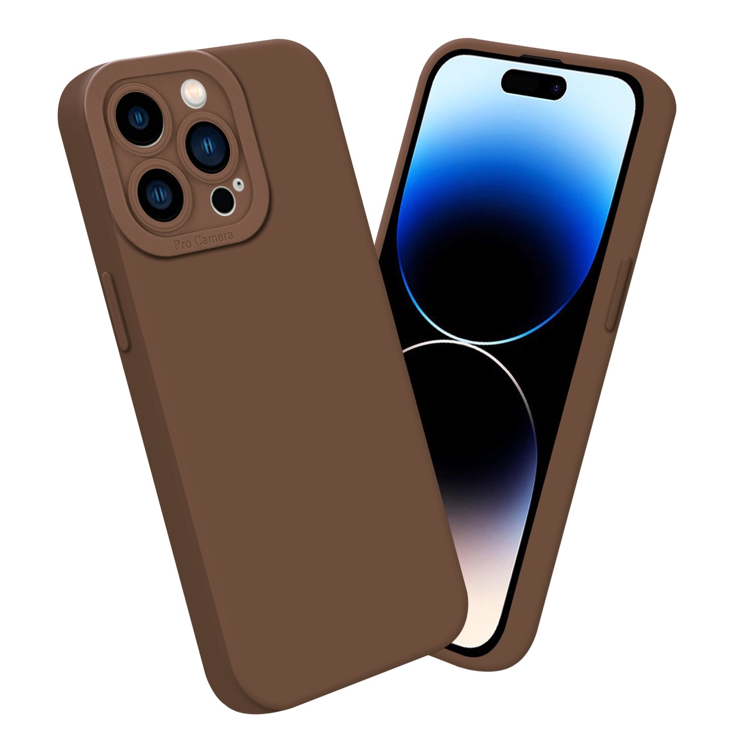 Custodia marrone, telefono con schermo blu. La custodia ha dettagli della fotocamera. Sfondo bianco.