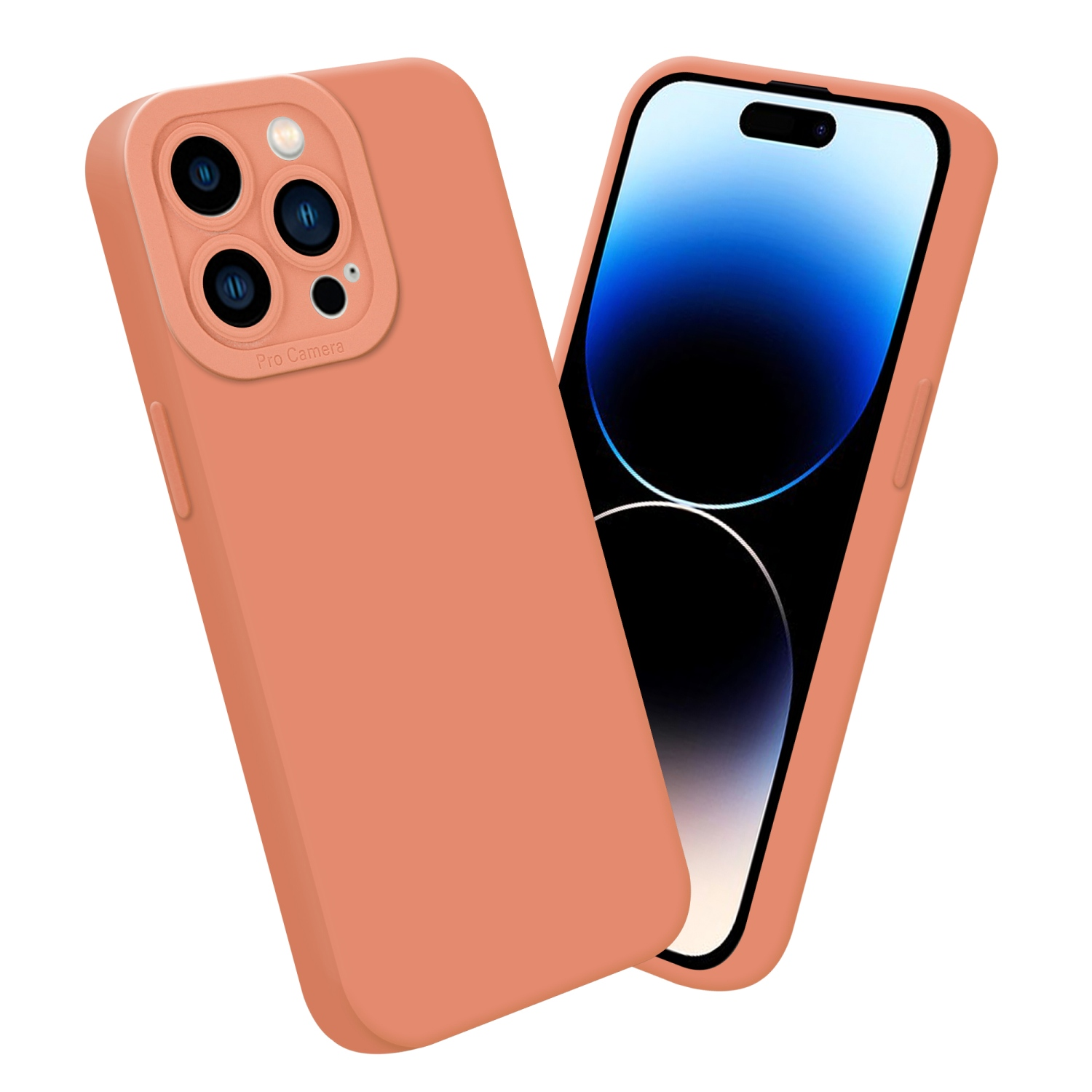 Custodia per telefono arancione con telefono. Il telefono mostra uno sfondo sfumato blu e bianco.