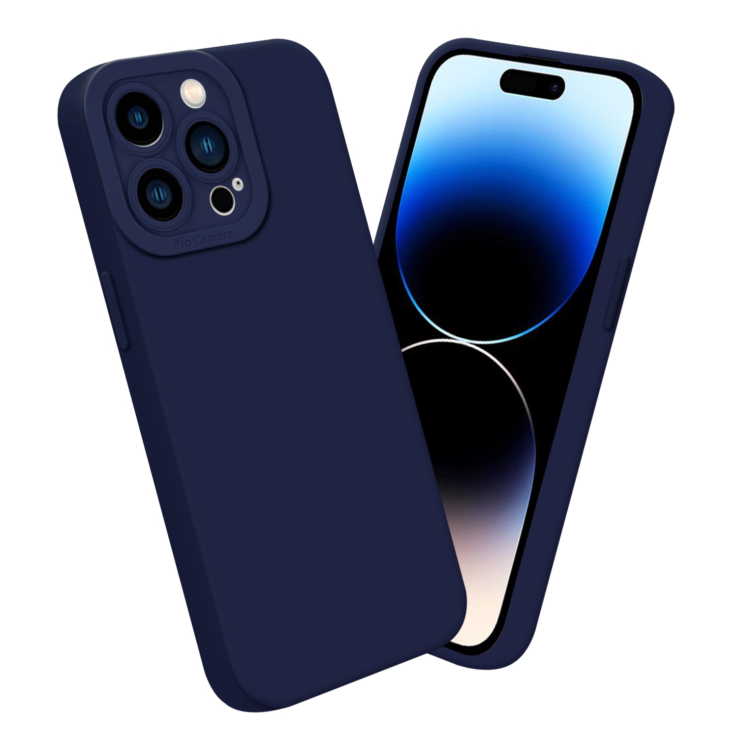 Dunkelblaue Handyhülle mit Pro-Kameraobjektiven neben einem Telefon mit Bildschirm.
