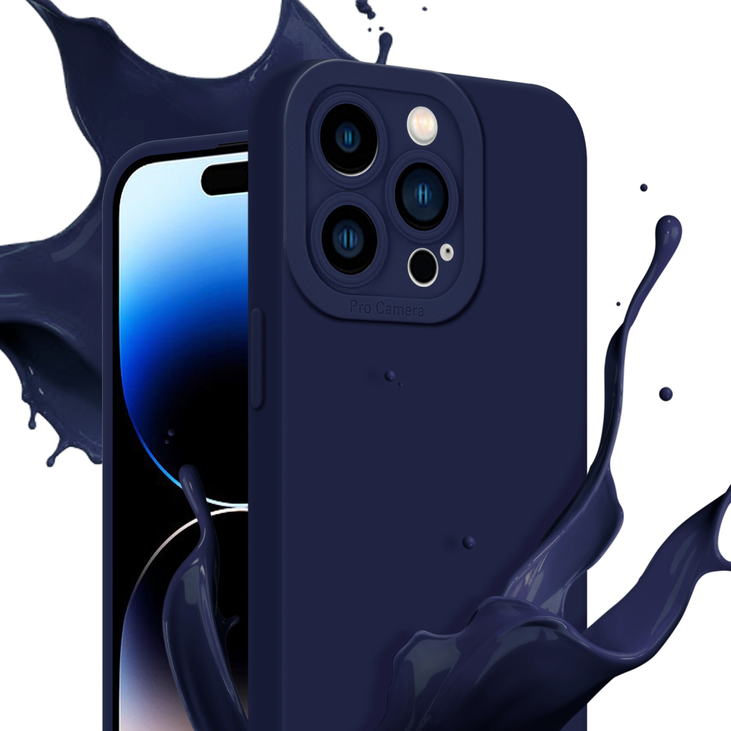 Eine marineblaue Handyhülle mit Kamera. Marineblaue Flüssigkeit spritzt um das Telefon.