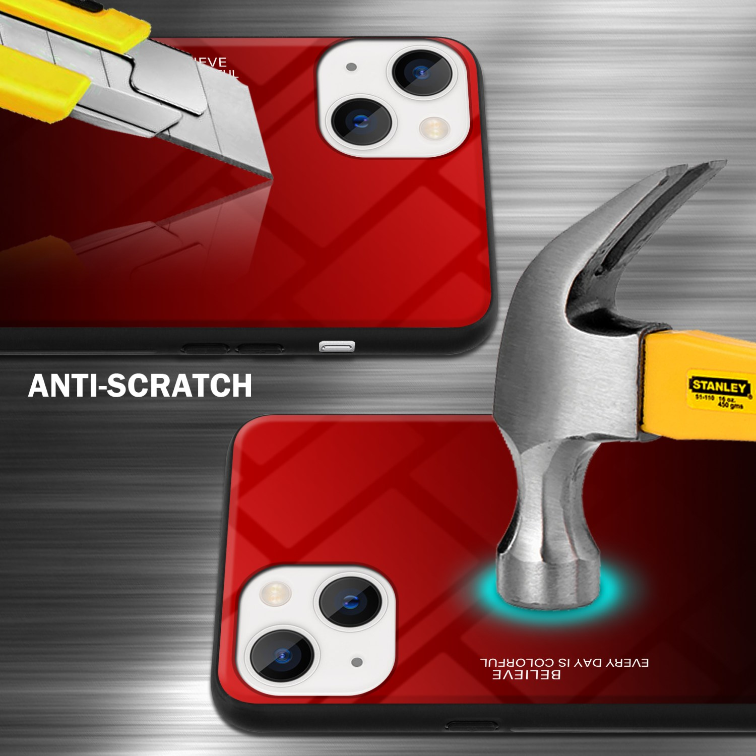 Zwei Handyhüllen, eine mit Hammer, die andere mit Messer, und Text 'ANTI-SCRATCH'.