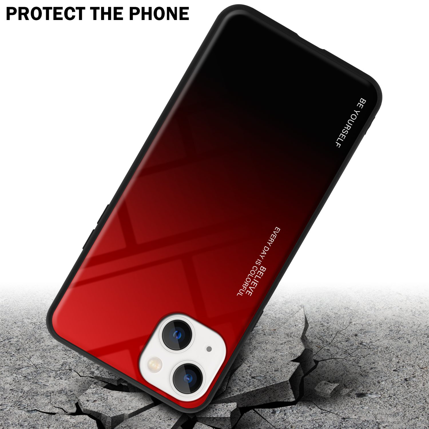 Eine Handyhülle mit einem roten und schwarzen Farbverlauf und ein Telefon droht zu fallen.