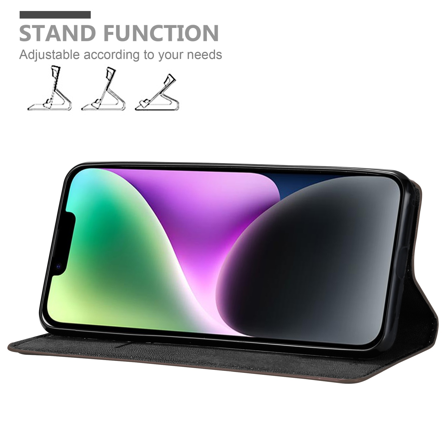 Telefon auf einem Ständer in einer Hülle, mit Ständerfunktionsillustration darüber.