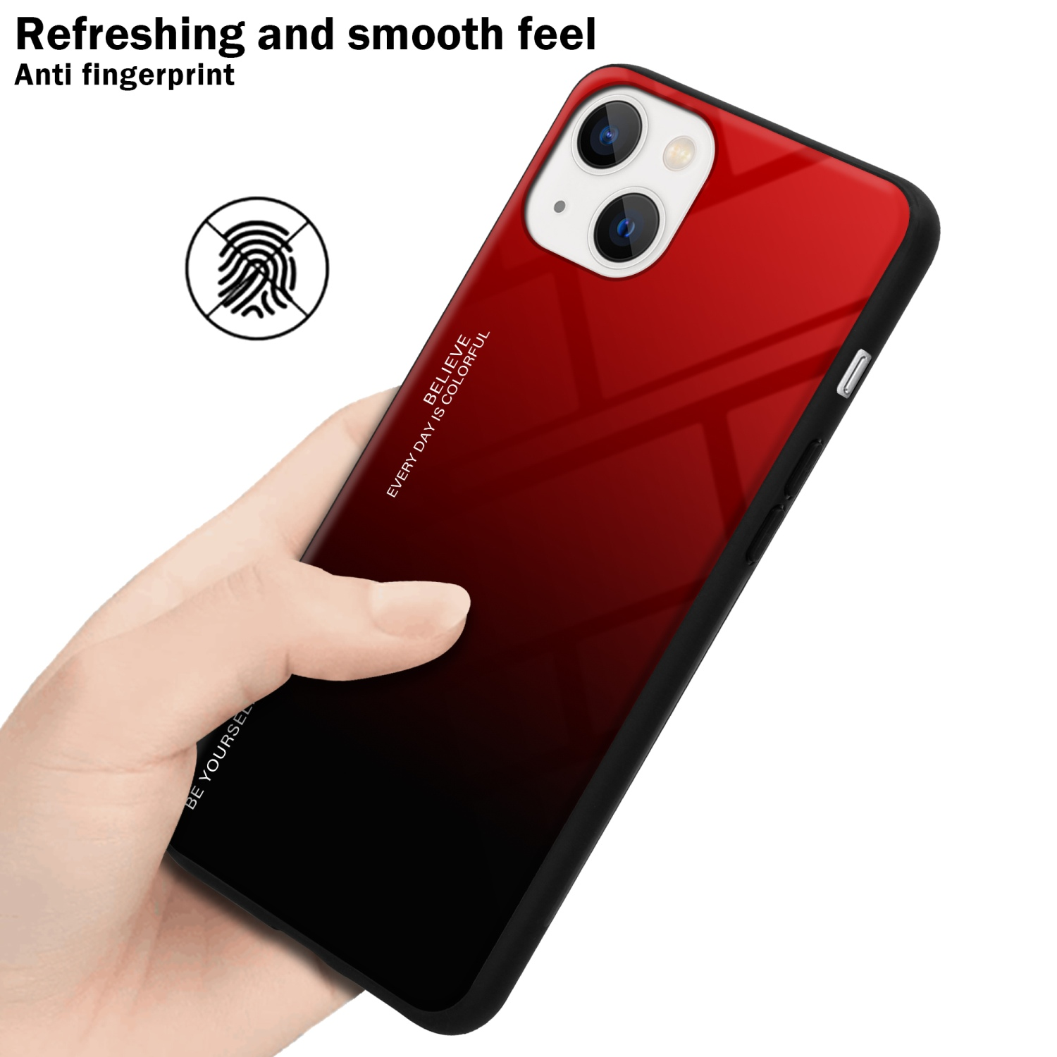 Eine Hand hält eine rot-schwarze Handyhülle mit Farbverlauf. Die Hülle hat Kameralinsen. Text sagt 'BE YOURSELF'.
