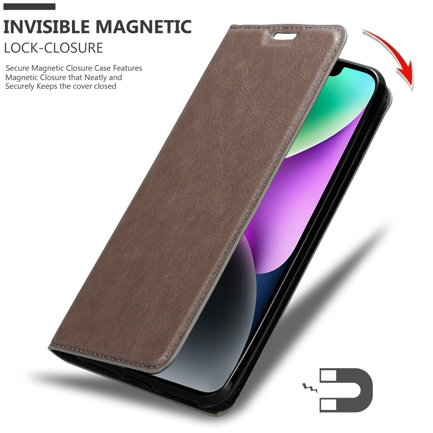 Braune Handyhülle mit Telefon darin. Magnetverschluss.