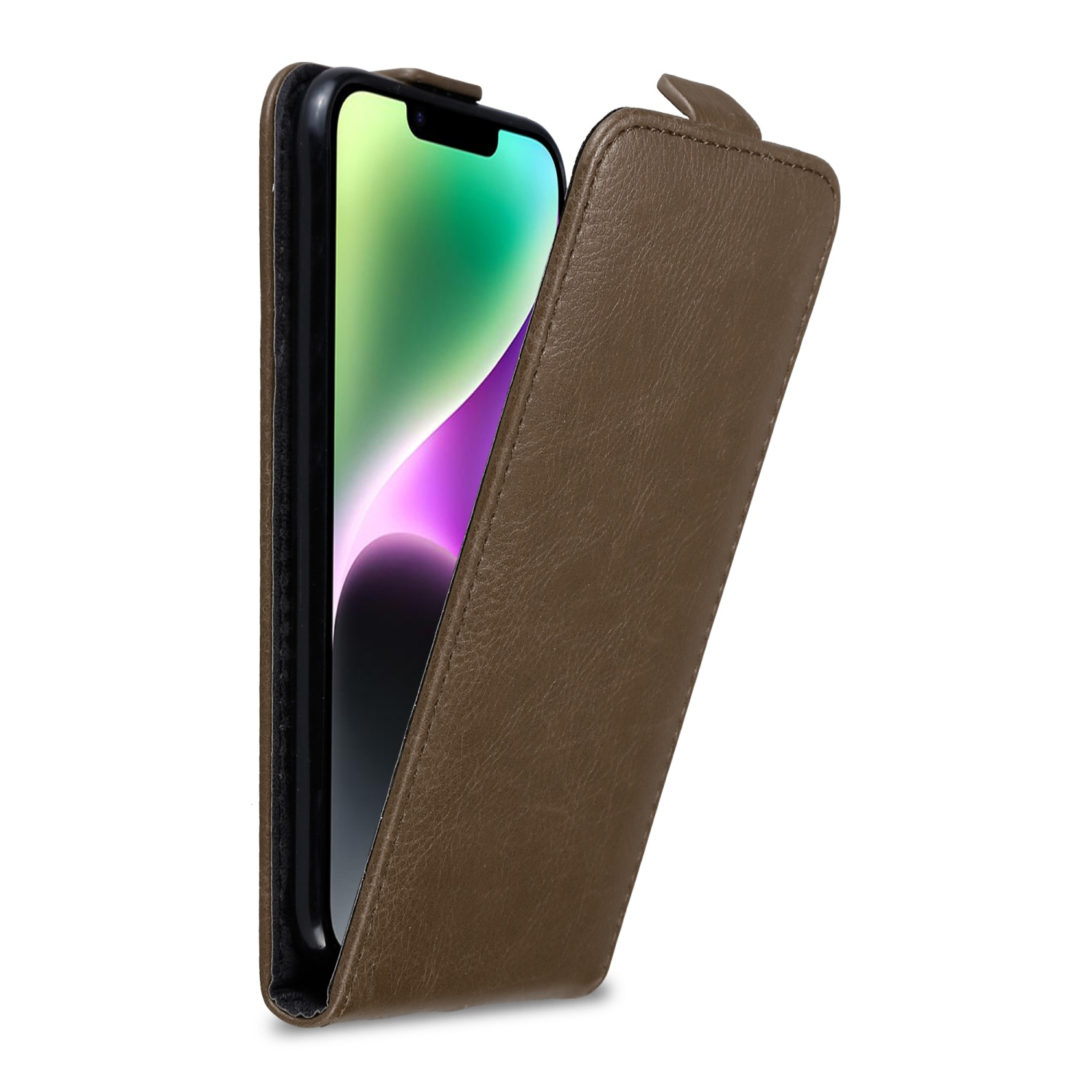 Braune Handyhülle, geöffnet, zeigt ein Telefon. Die Hülle ist lederartig, mit hochgezogener Klappe.