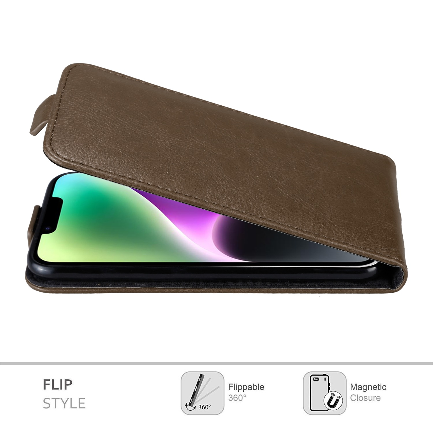 Braune Handyhülle mit geöffneter Klappe, Telefon innen.
