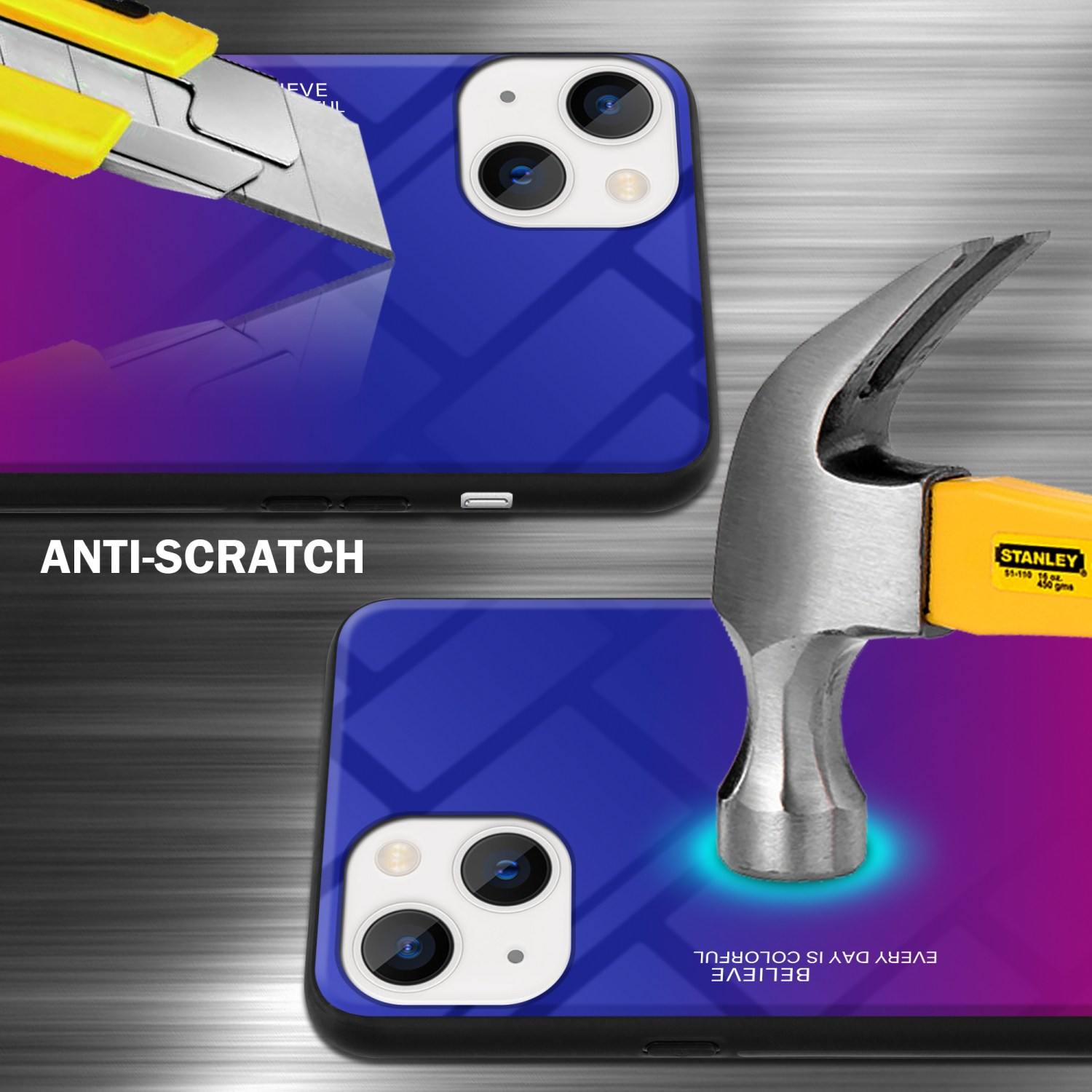 Handyhülle mit Kratzschutz-Text. Ein Hammer schlägt darauf. Ein gelbes Messer ist oben drauf. Grauer Hintergrund.