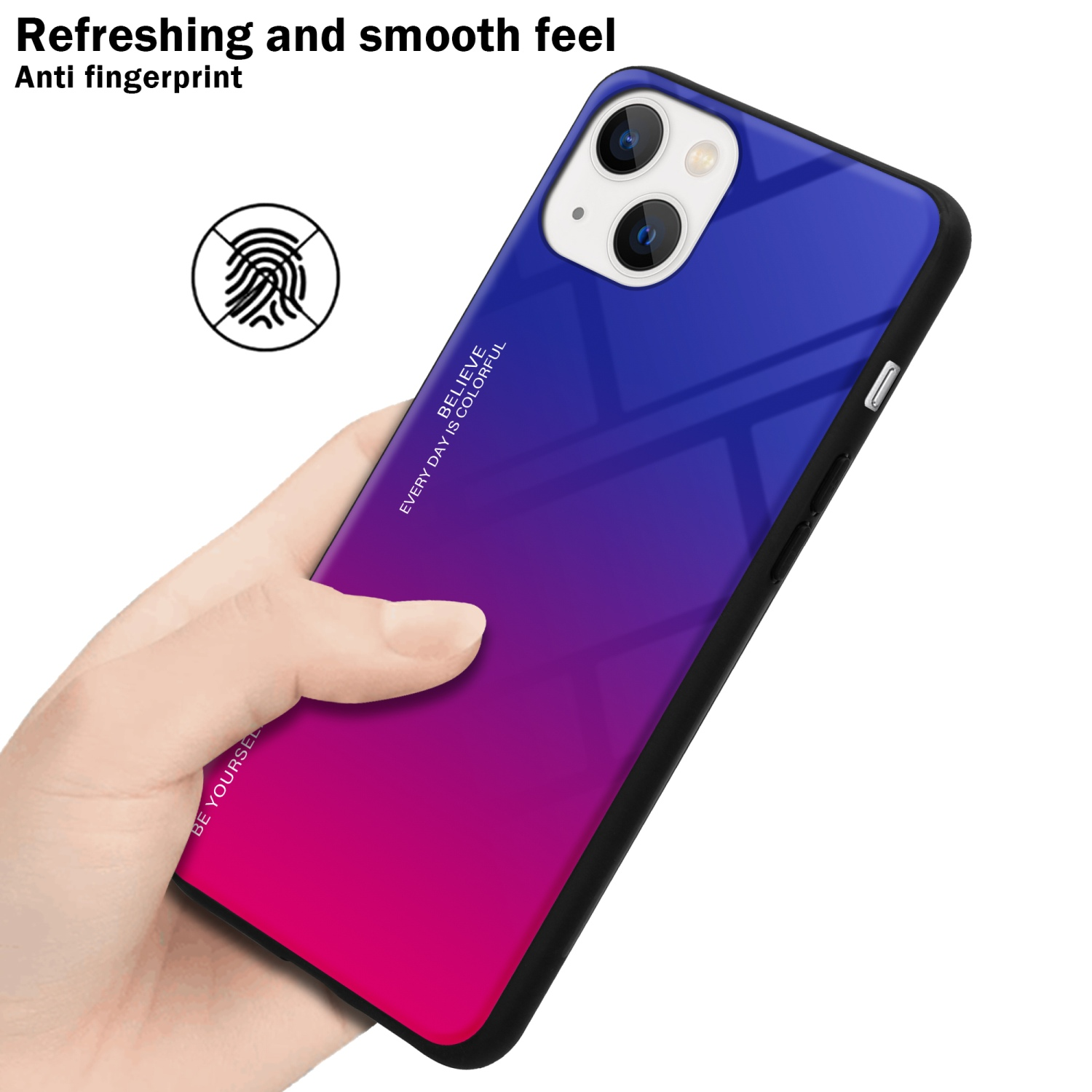 Hand hält Telefon mit blau-rosa Farbverlauf. Weißer Hintergrund.