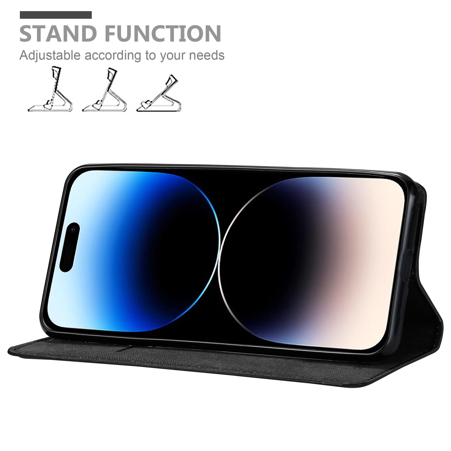 Schwarze Handyhülle mit einem Telefon darin. Das Telefon steht und hat eine Standfunktion.