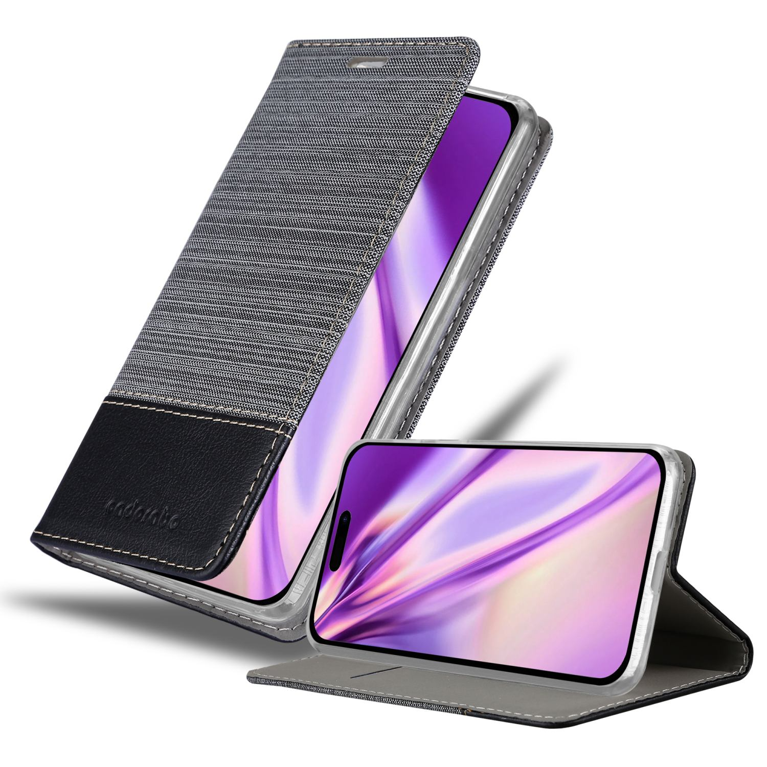 Handyhülle mit geöffneter Abdeckung. Telefonbildschirm sichtbar. Weißer Hintergrund.