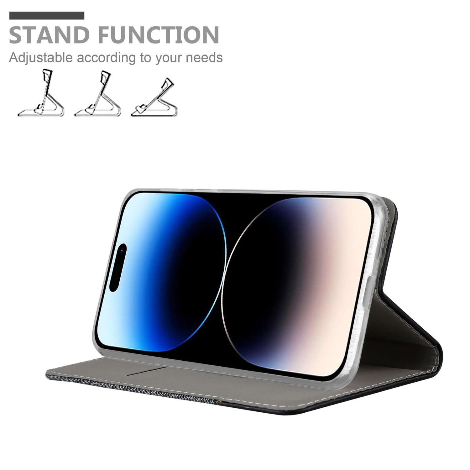 Geöffnete Handyhülle, die ein Handy in einem Winkel stützt. Das Handy zeigt einen dynamischen Bildschirm.