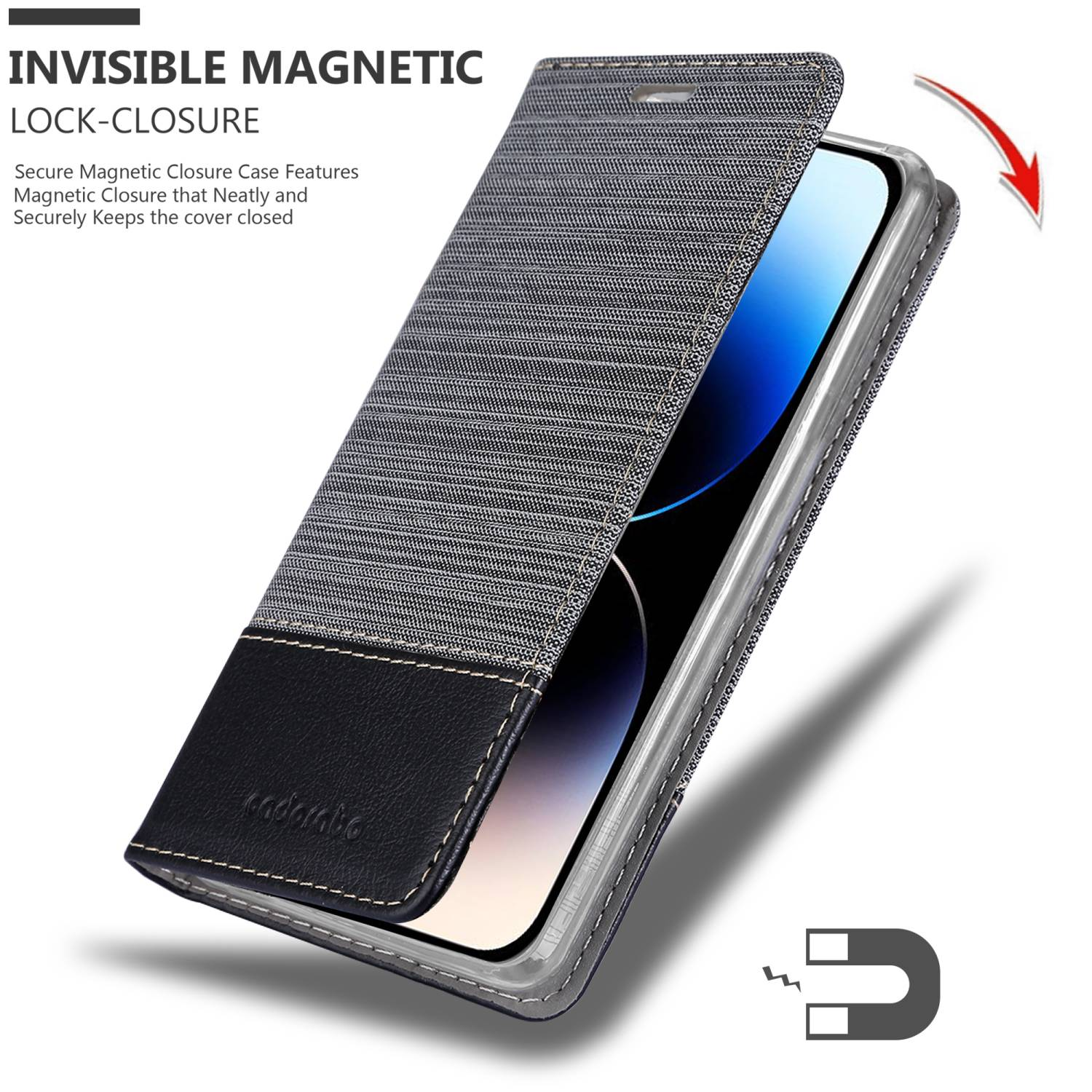 Graue Handyhülle offen, schwarzer Telefonbildschirm und ein Magnet. Weißer Hintergrund mit Text.