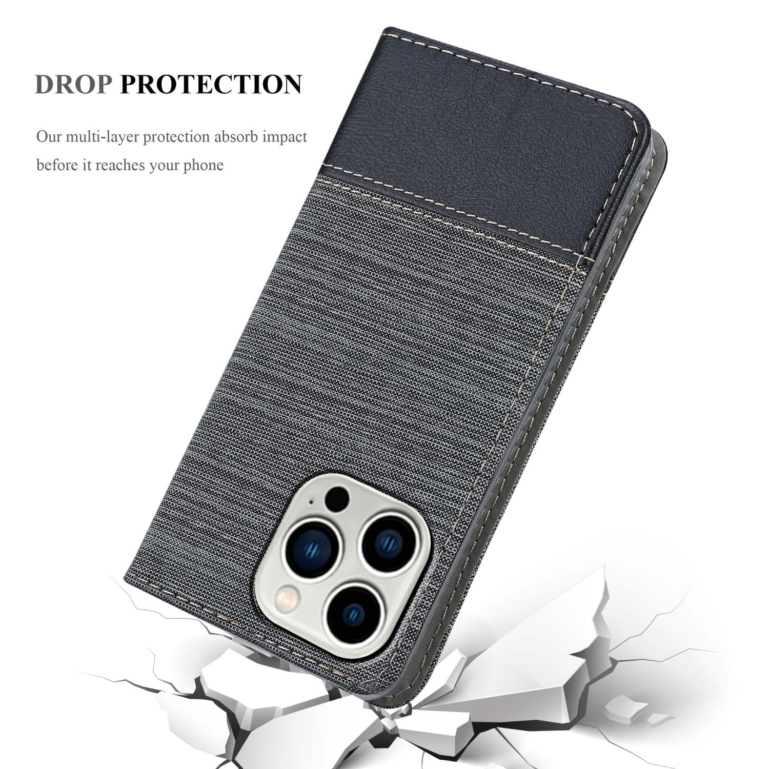 Eine Handyhülle mit jeansähnlichem Aussehen auf weißem Hintergrund. Der Text 'Drop Protection' ist sichtbar.