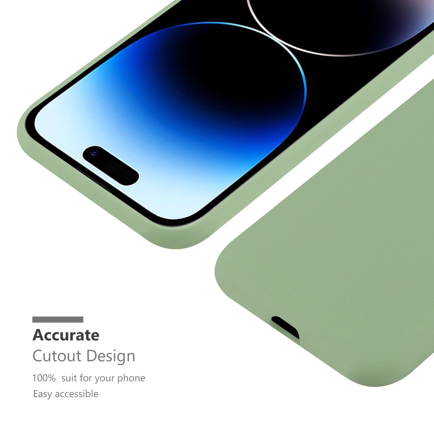Zwei grüne Handyhüllen. Das Telefon zeigt einen blauen Bildschirm. Text: Accurate Cutout Design.