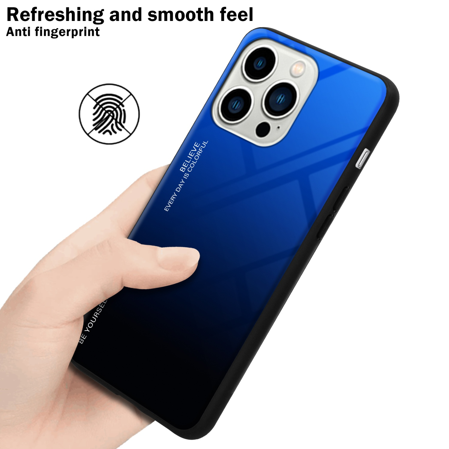 Hand hält ein Telefon mit blauem Farbverlauf. Die Handyhülle hat ein Fingerabdrucksymbol.