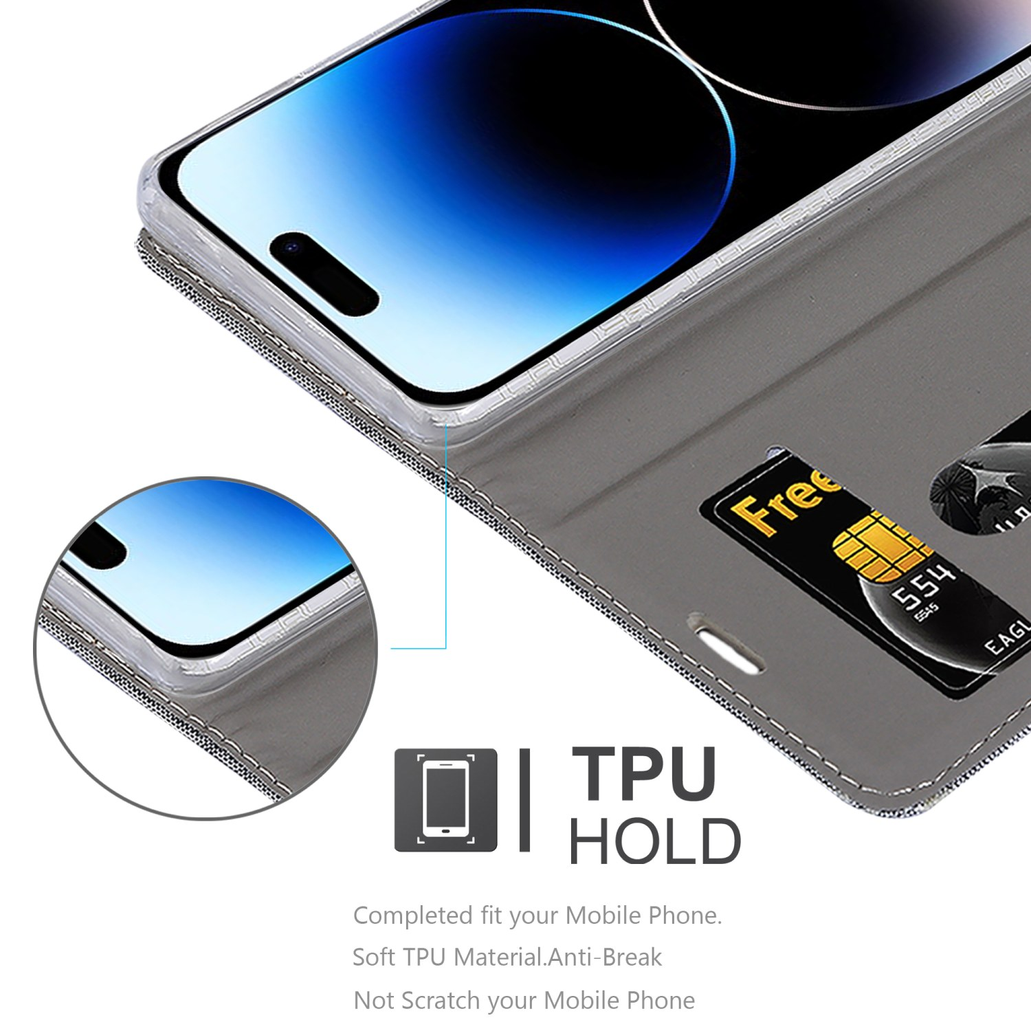 Ein Telefon in einer grauen Brieftaschentasche, mit einer Karte und dem Text TPU HOLD.