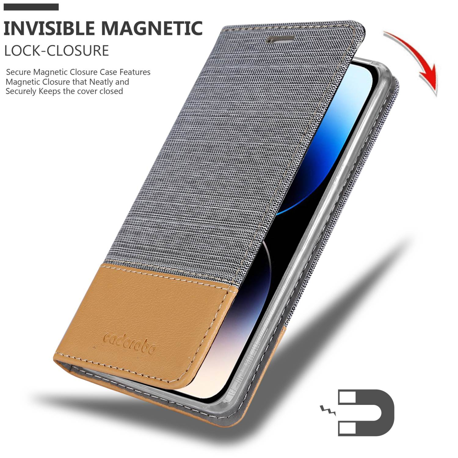 Handyhülle, grauer Stoff oben, brauner Boden, offen, Telefon wird gezeigt. Magnetverschluss.