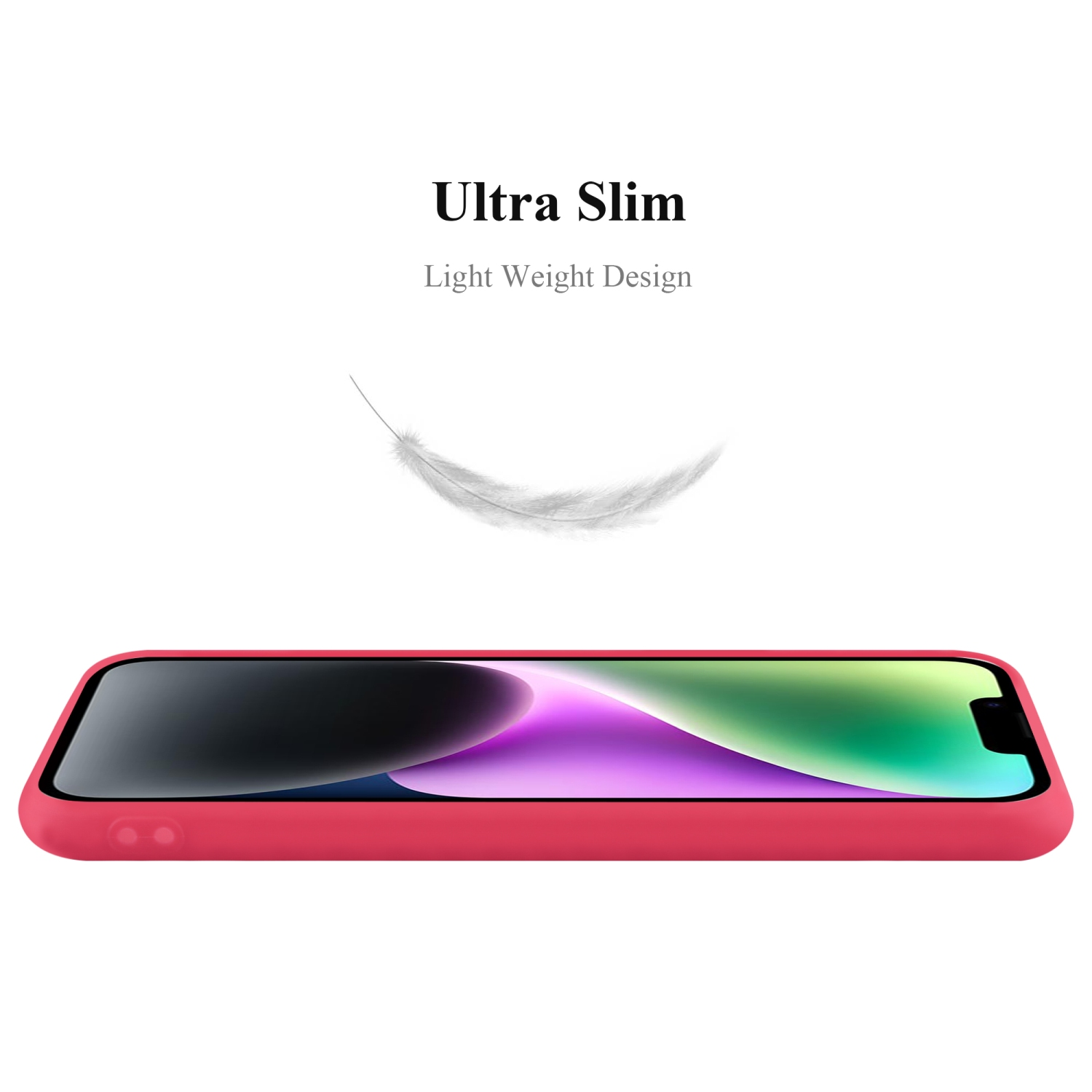 Rote Handyhülle auf weißem Hintergrund mit Text 'Ultra Slim Light Weight Design' und einer Feder.