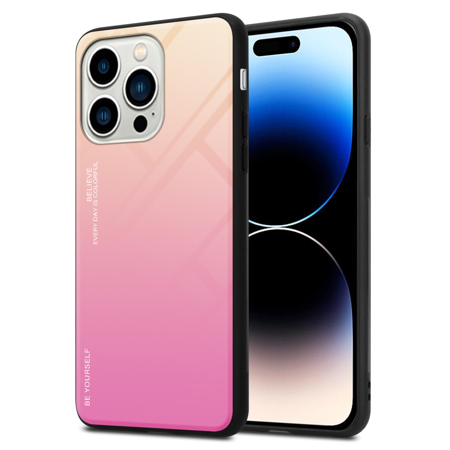 MAX, 14 Backcover, CADORABO iPhone Silikon 2 TPU Farben Glas, PRO Hülle - aus ROSA Apple, GELB