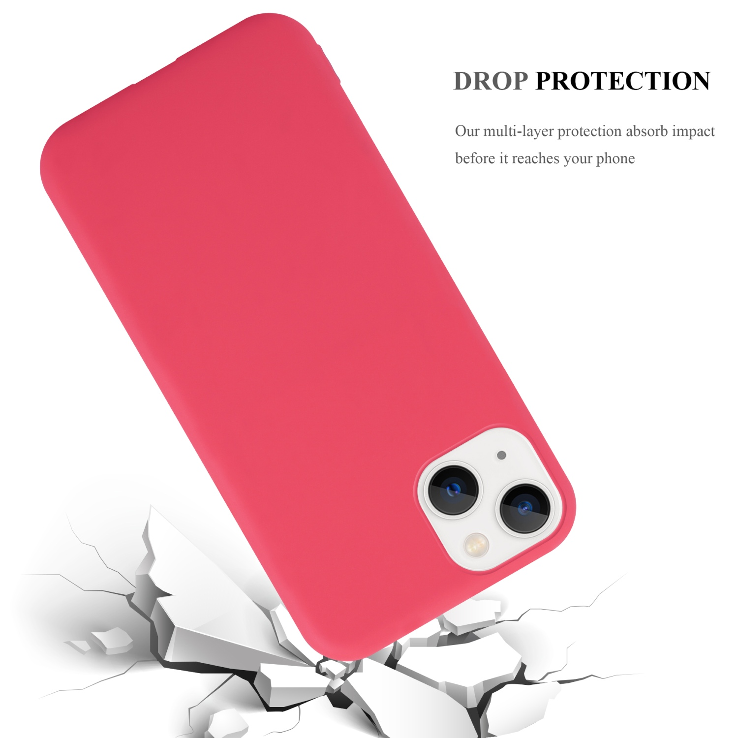 Rote Handyhülle in einem Winkel mit Text 'DROP PROTECTION' und Rissen darunter.