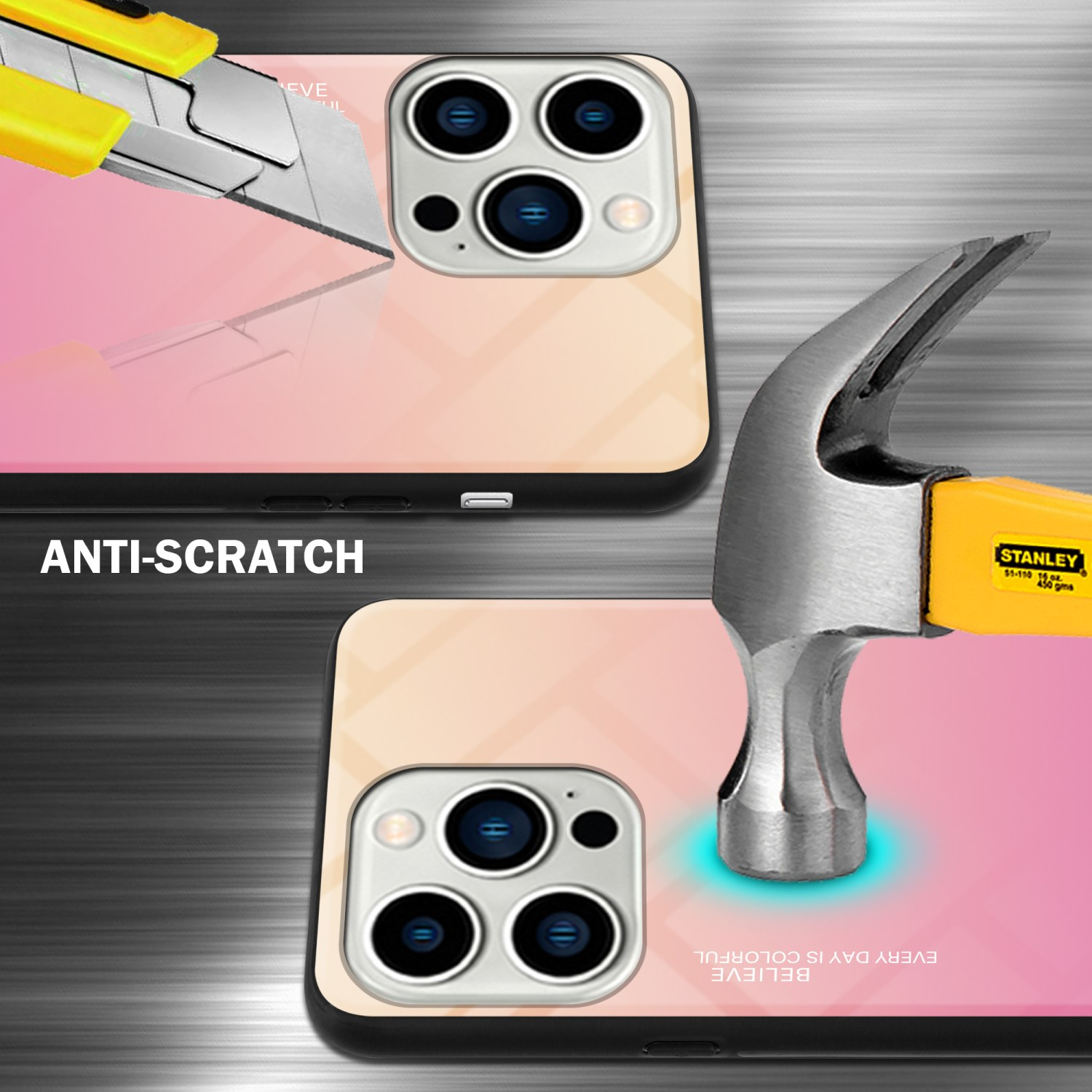 Handyhülle wird mit Hammer und Cutter getestet. Die Hülle ist pink, mit dem Wort 'Anti-scratch'.