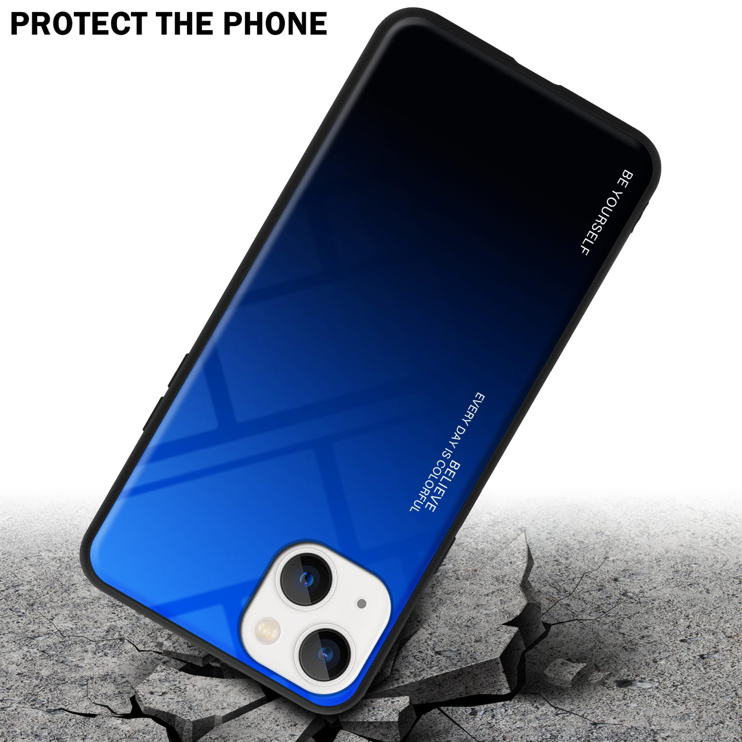 Ein Telefon in einer blauen Farbverlaufshülle auf einer zerbrochenen Oberfläche, mit Text 'BELIEVE' und 'EVERY DAY IS COLORFUL'.