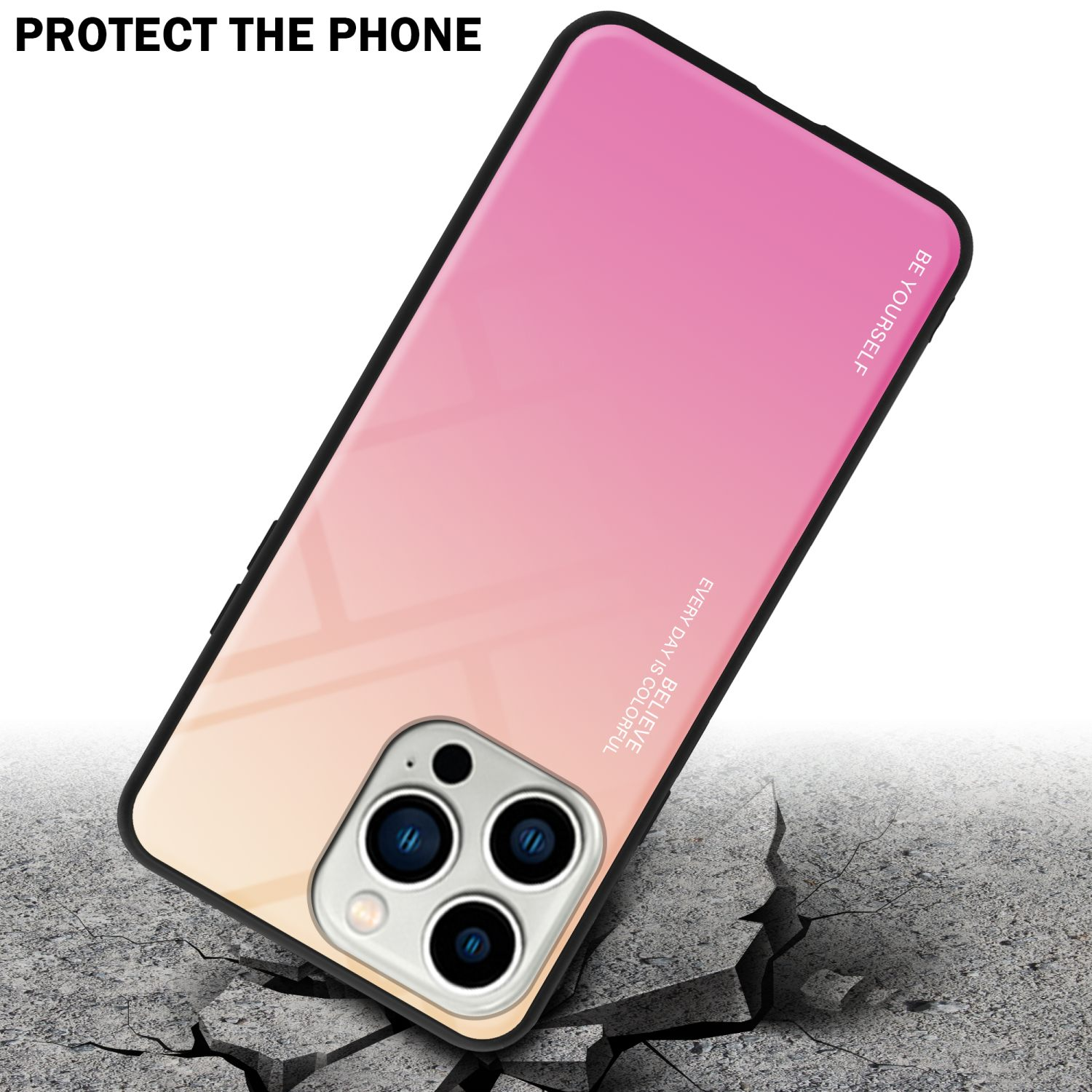 Handyhülle, rosa bis gelber Farbverlauf. Das Telefon ist vor einem Aufprall geschützt.
