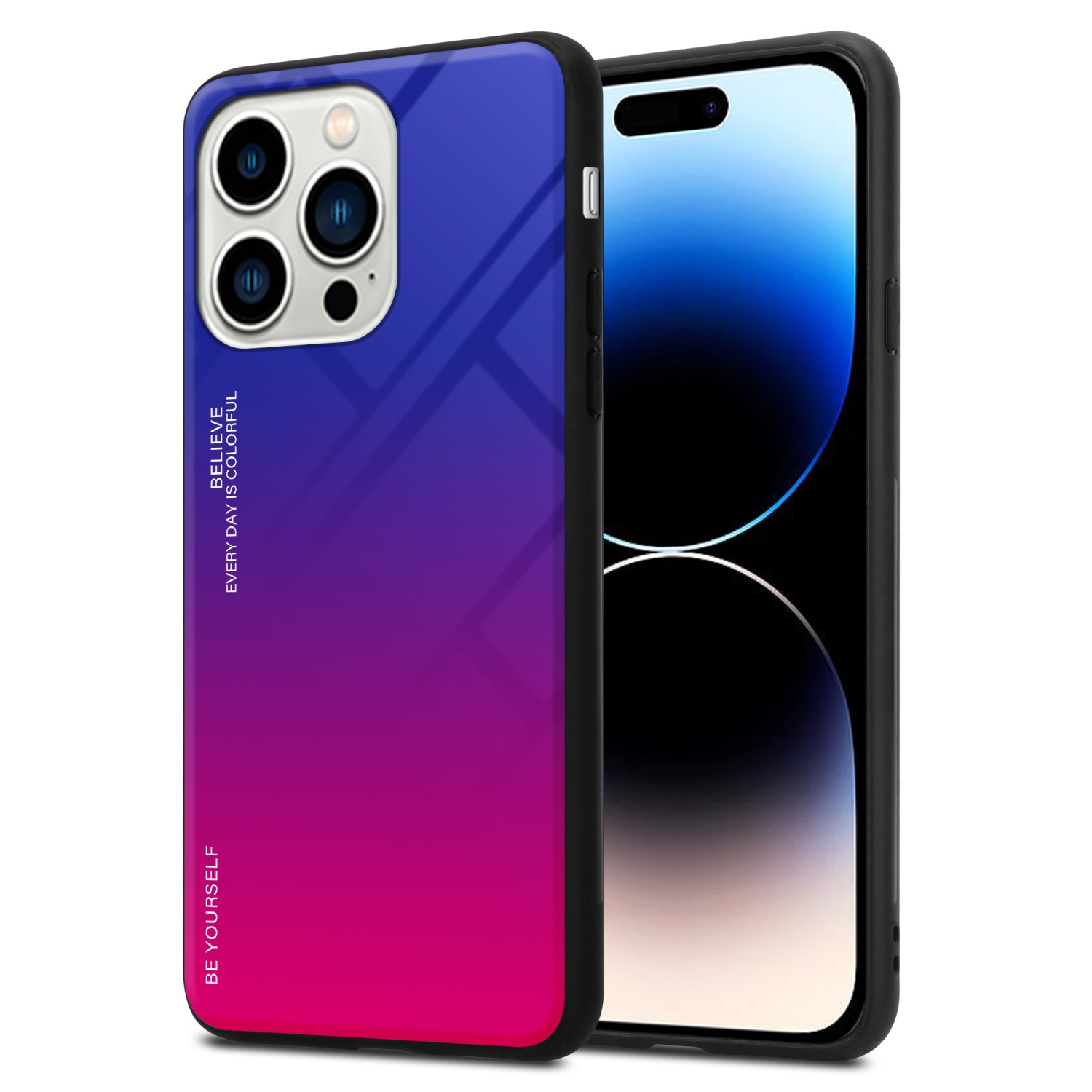Telefon in einer blau-rosa Farbverlaufshülle mit schwarzem Rand. Das Telefon zeigt seinen Bildschirm.