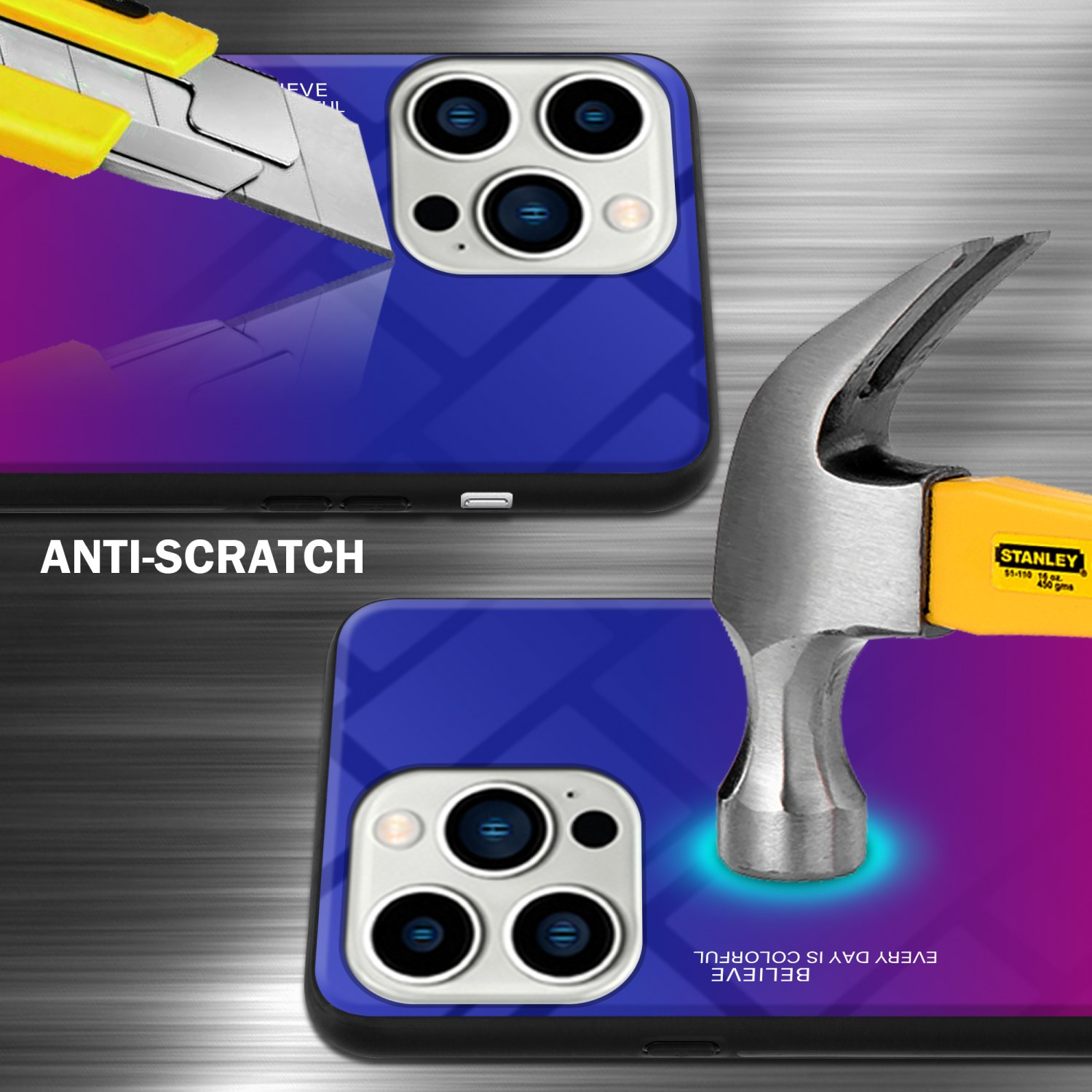 Handyhülle mit Hammer, der auf den Bildschirm schlägt. Die Handyhülle hat einen blau-lila Farbverlauf.