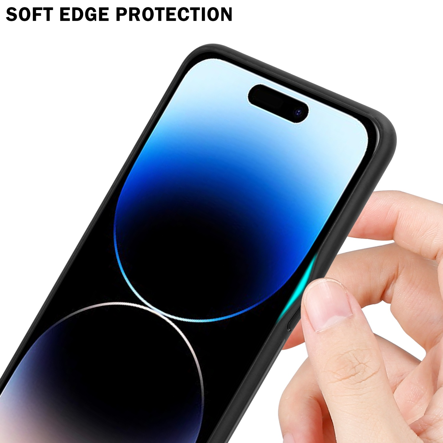 Nahaufnahme einer schwarzen Handyhülle mit 'Soft Edge Protection'.