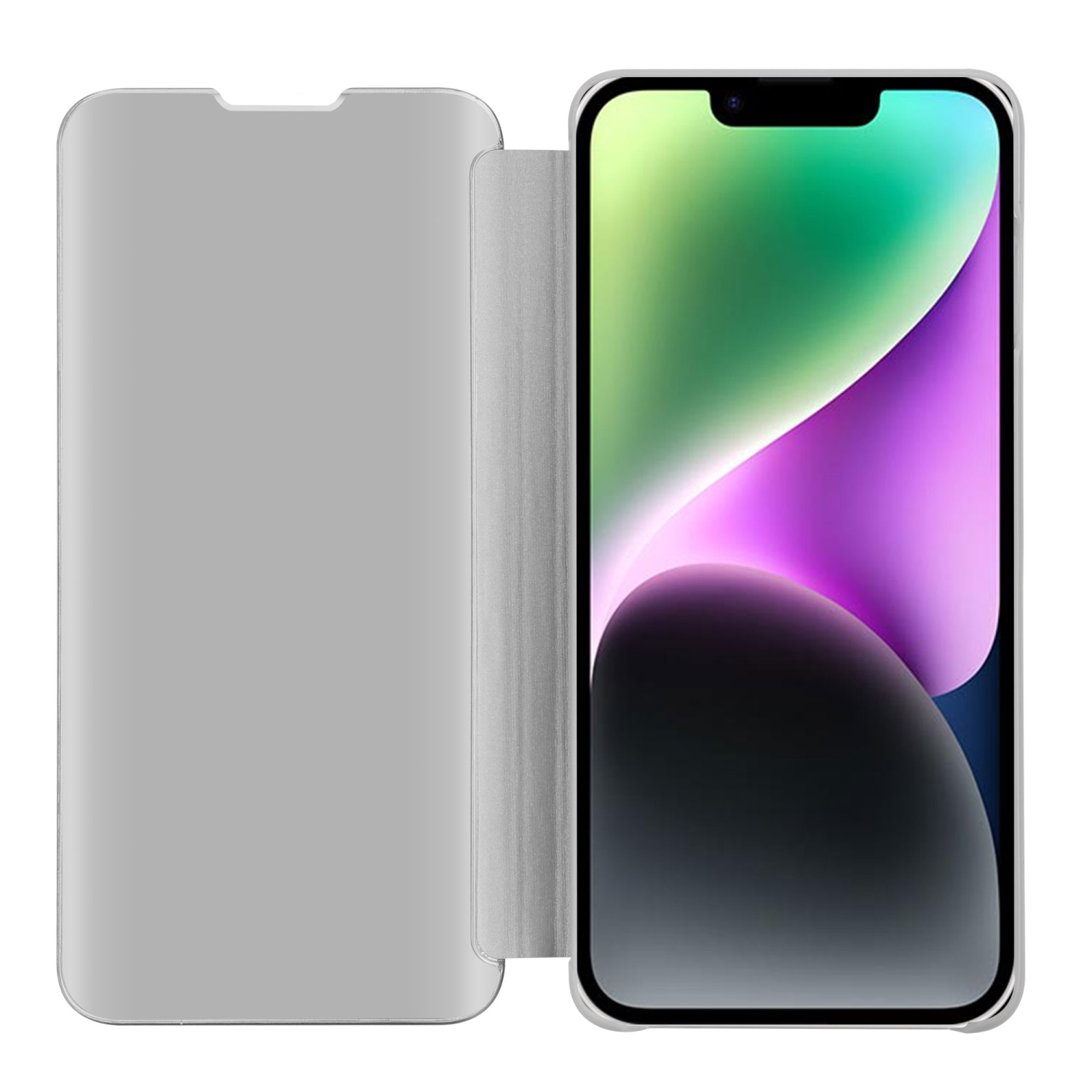 Custodia per telefono con telefono all'interno. La custodia è grigio chiaro, schermo visibile, sfondo bianco.
