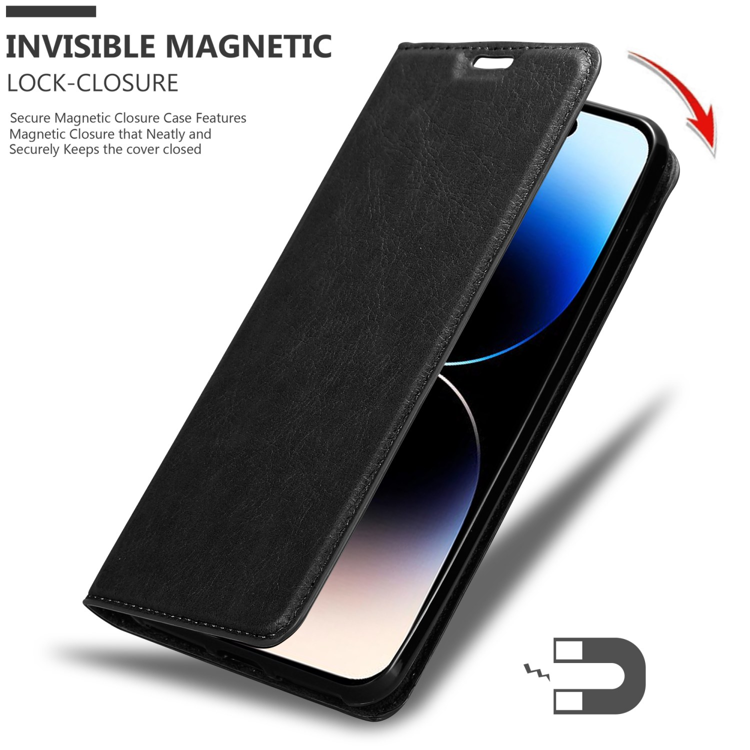 Schwarze Handyhülle mit Magnetverschluss, geöffnet, um das Telefon zu zeigen. Weißer Hintergrund.