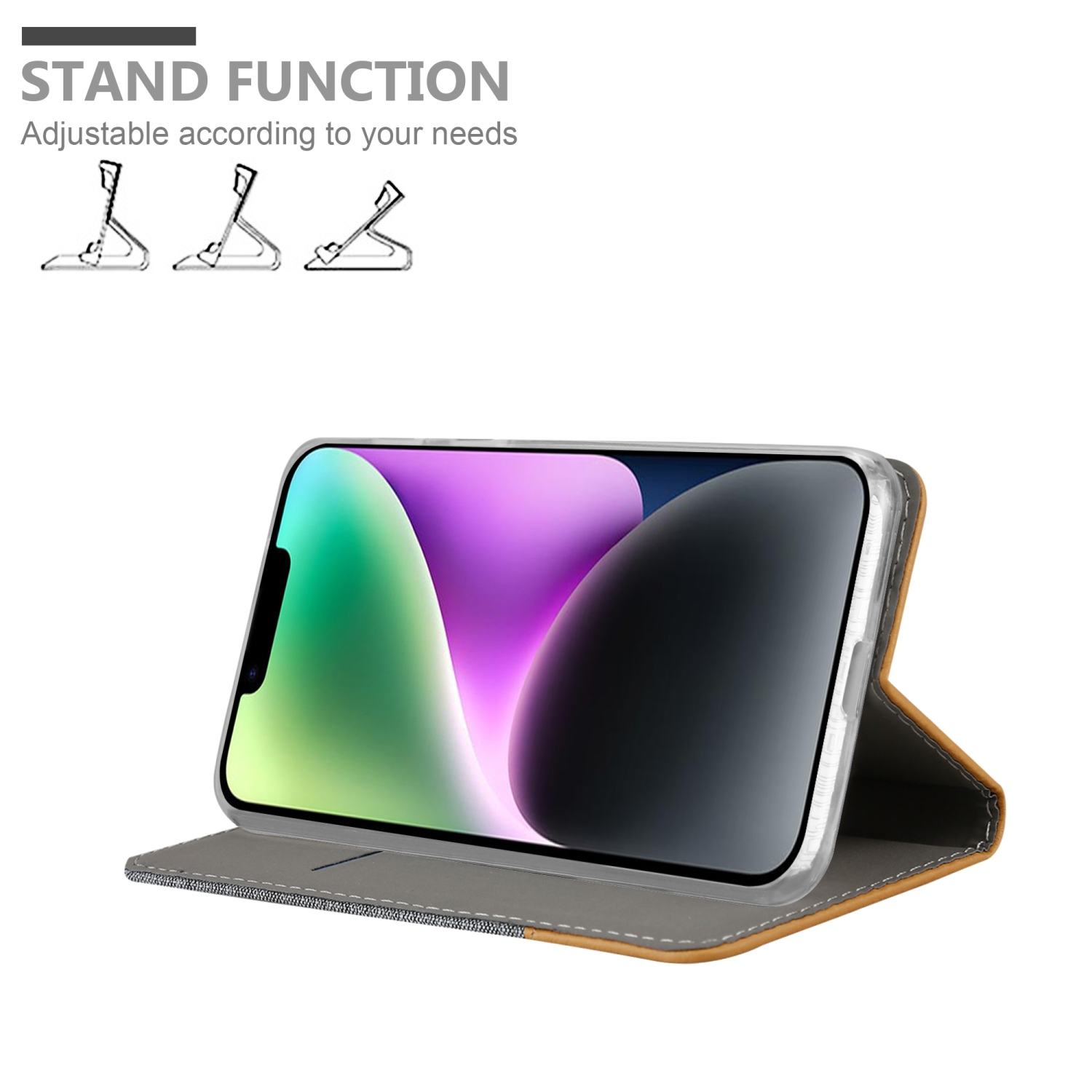 Eine Handyhülle in einer Standfunktion, mit einem Telefon, das ein Display mit Standfunktion zeigt.