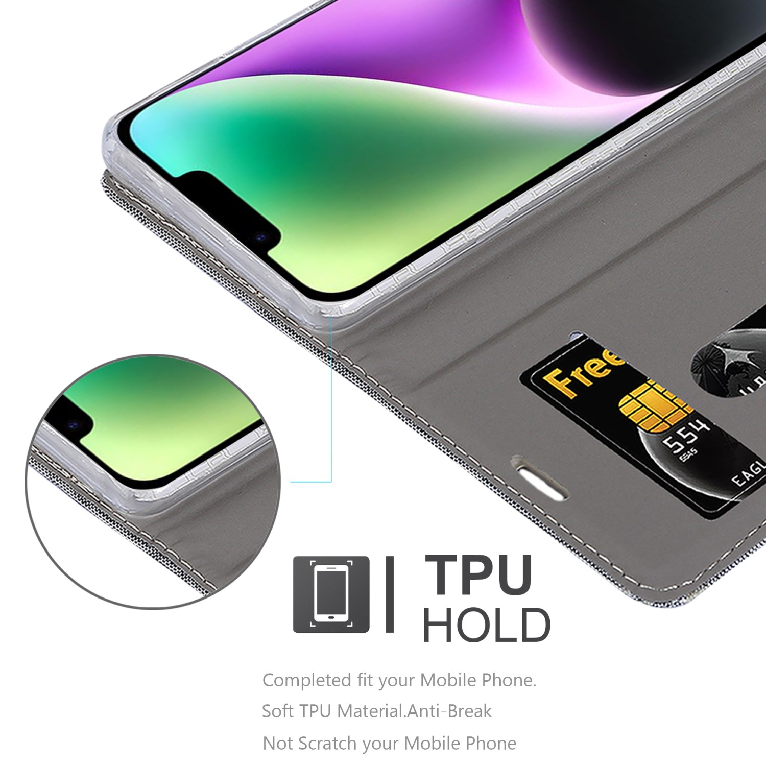 Handyhülle mit Telefon darin. Der Text lautet „TPU HOLD“. Eine Nahaufnahme. Grauer Hintergrund.