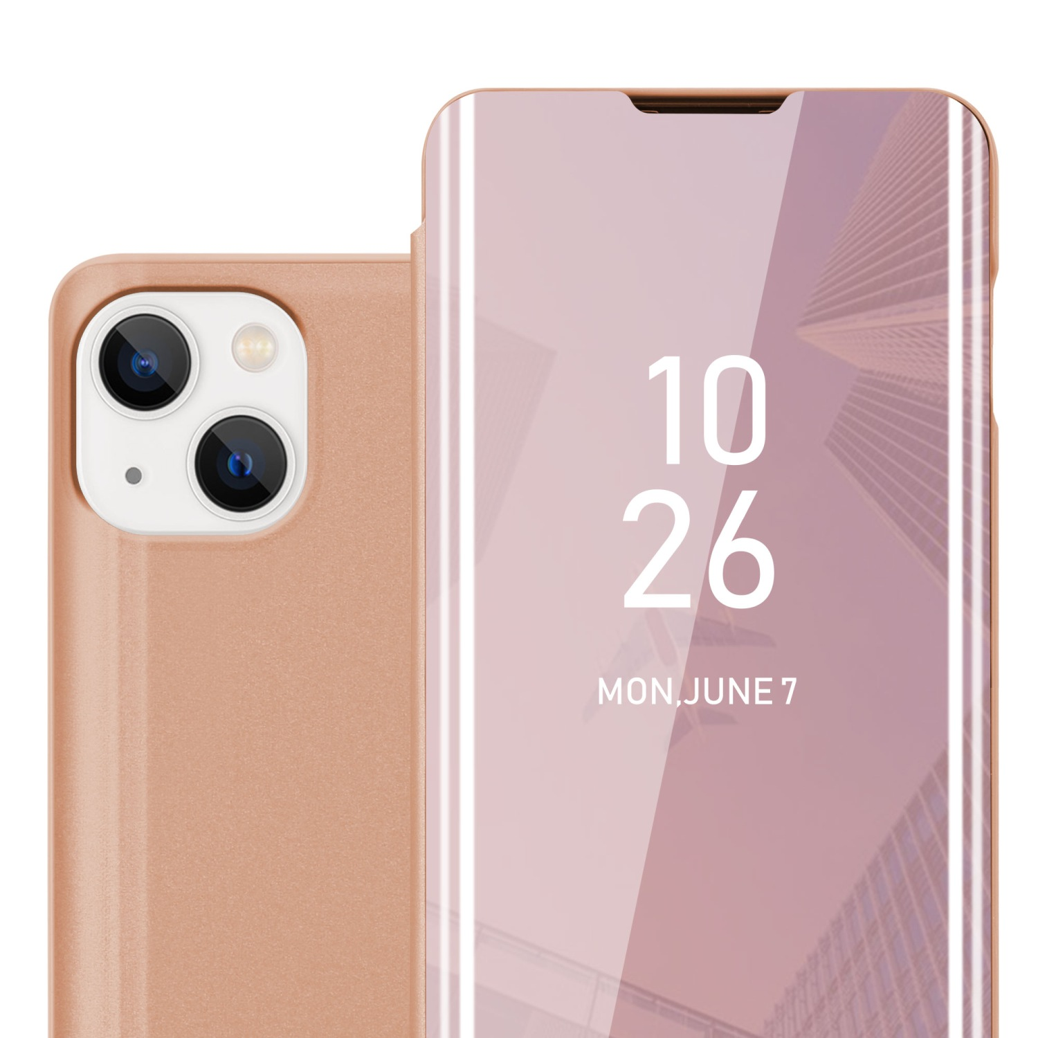 Un telefono con una custodia oro rosa con la data 10/26 sullo schermo, accanto alla custodia.