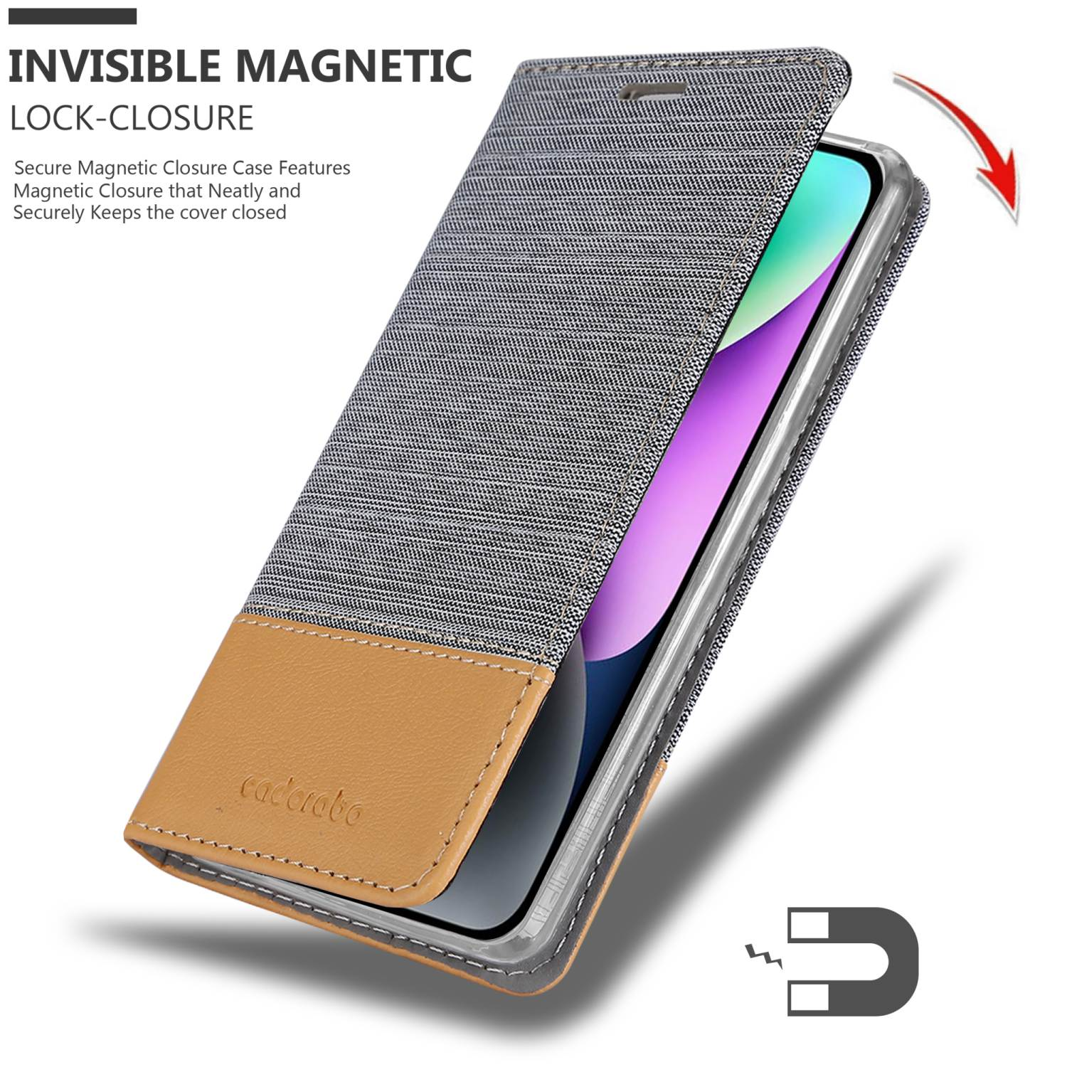 Telefon in einer Hülle mit Magnetverschluss. Die Hülle ist grau und braun. Text: Unsichtbarer Magnetverschluss.