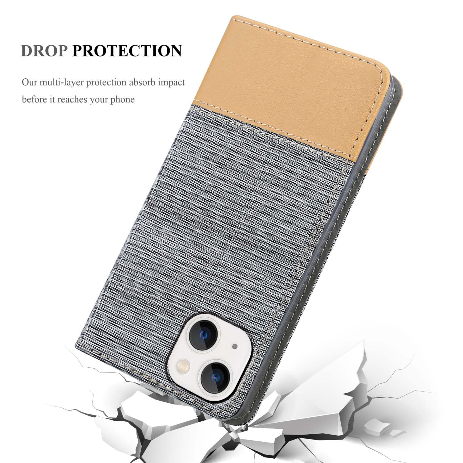 Handyhülle mit grau-beigem Design mit einem Telefon.