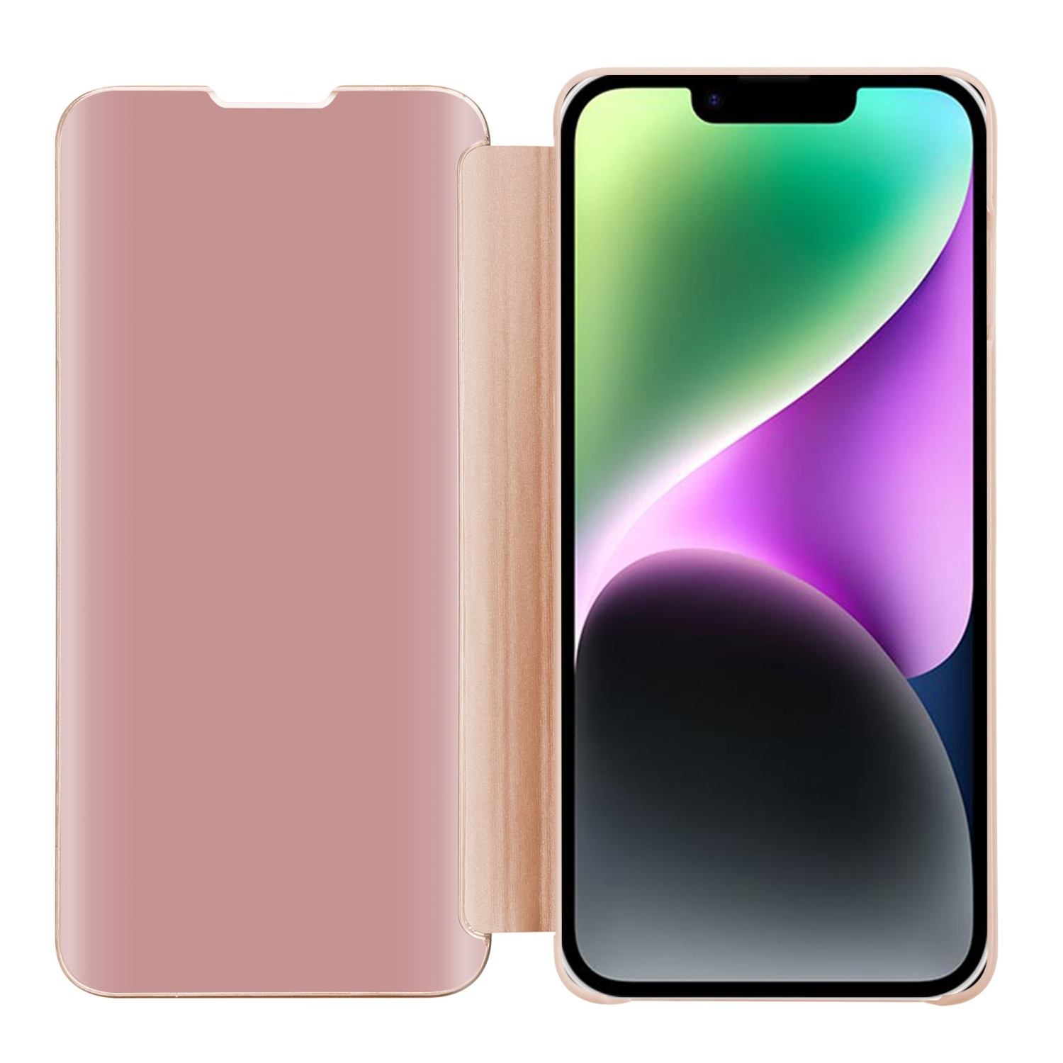 Un telefono oro rosa con una custodia oro rosa, aperto che mostra lo schermo.