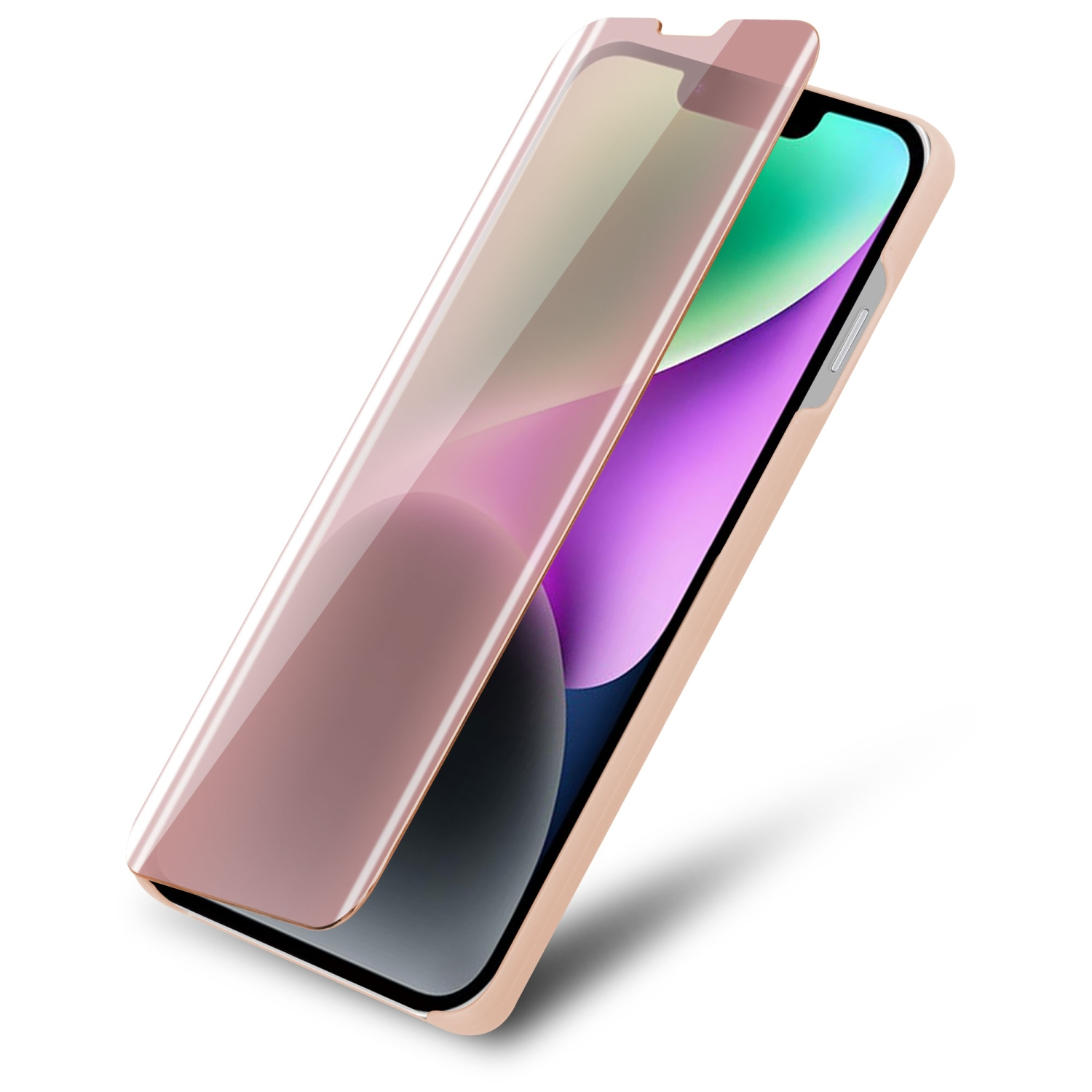 Un telefono con una protezione schermo rosa. Il telefono è in una custodia dorata.