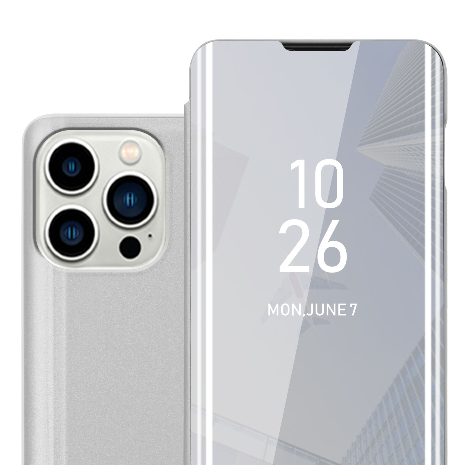 Eine Handyhülle mit Spiegelfinish, die ein Telefon mit Zeitanzeige und einem verschwommenen Hintergrund zeigt.