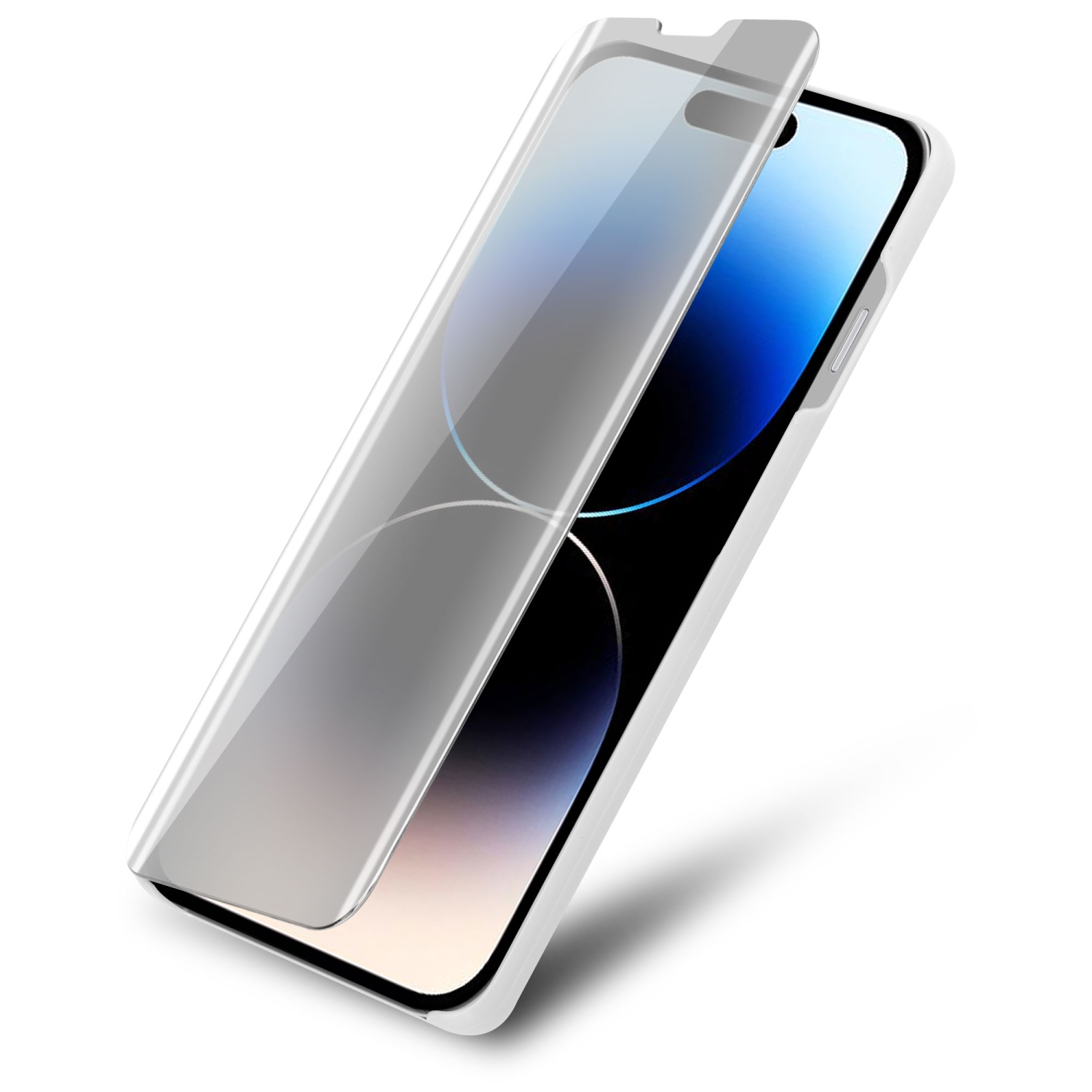 Ein Telefon mit angebrachter Displayschutzfolie. Weißer Hintergrund. Eine Glasschutzfolie mit schwarzen Rändern.