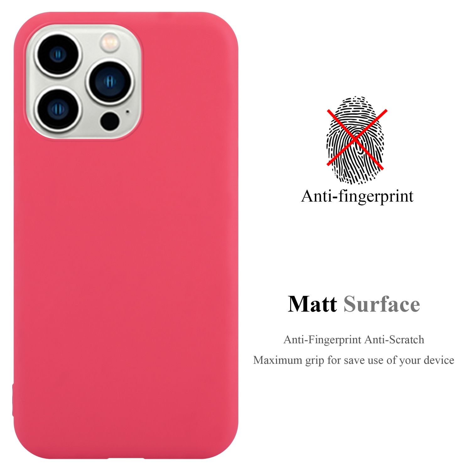 Eine rote Handyhülle. Der Text lautet 'Matt Surface' und 'Anti-Fingerprint Anti-Scratch'. Zeigt auch ein Fingerabdrucksymbol.