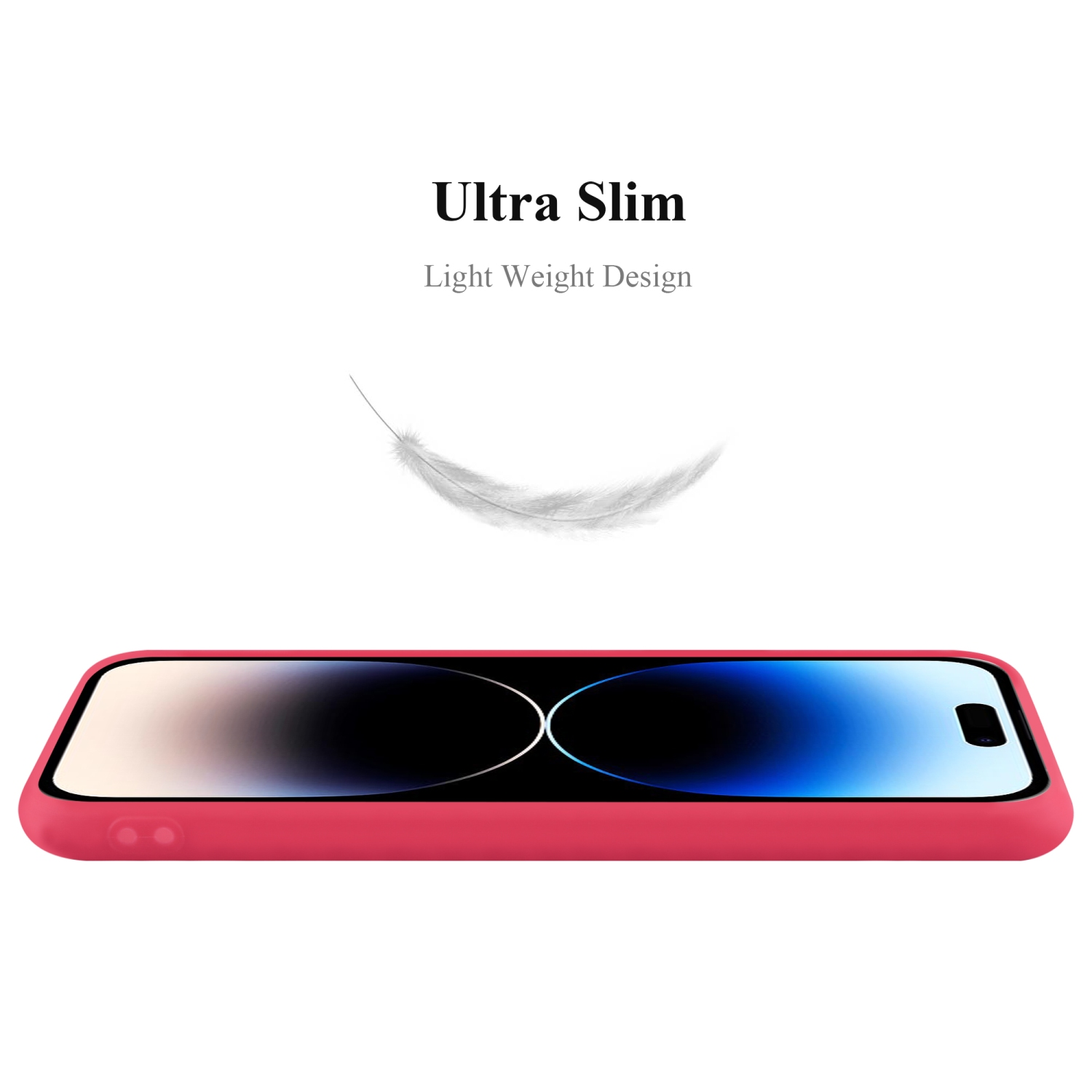 Rote Handyhülle, Seitenansicht, mit Text 'Ultra Slim' und einer schwebenden Feder.
