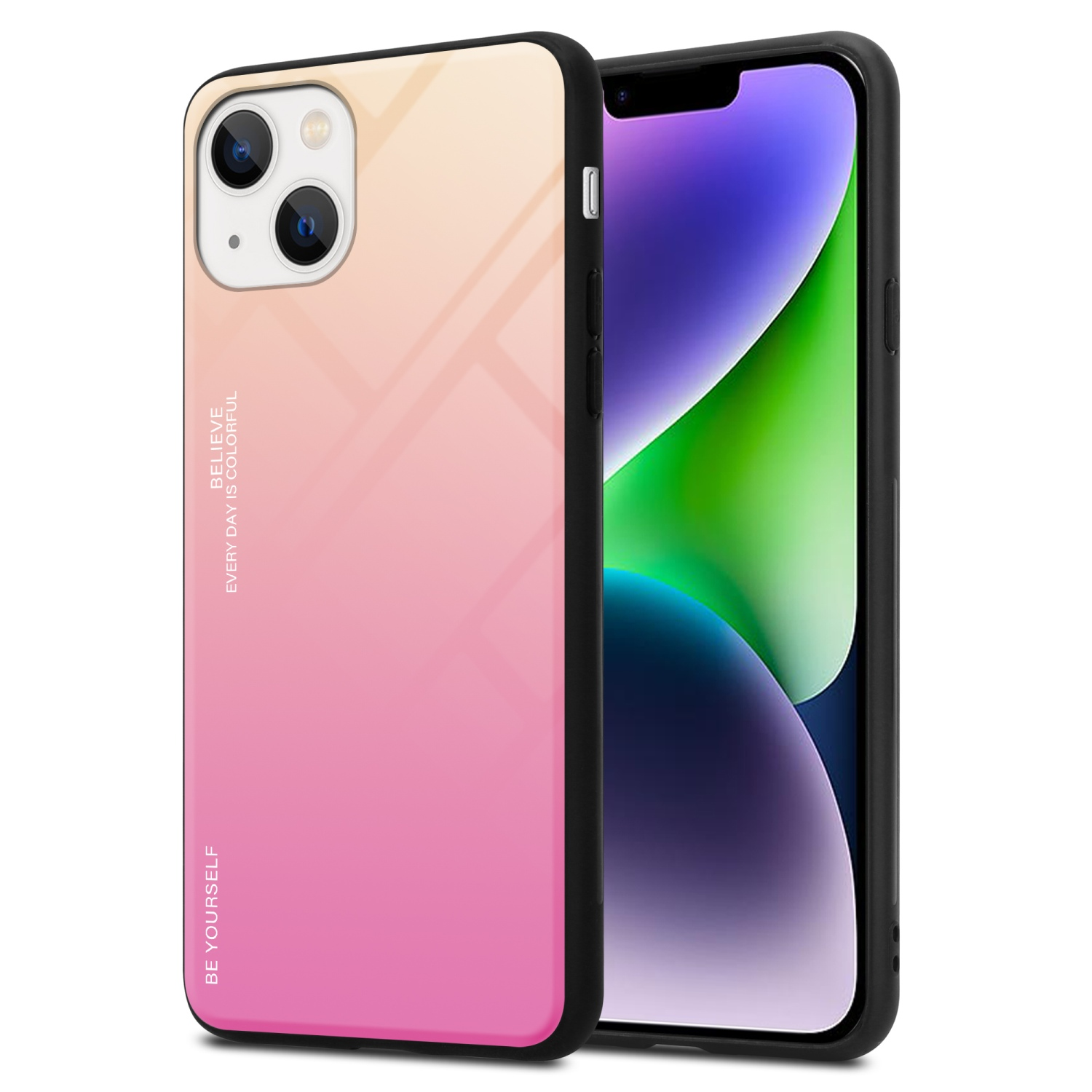 Handyhülle mit Farbverlauf von Pink zu Orange und schwarzem Rand. Telefon mit schwarzem Bildschirm.