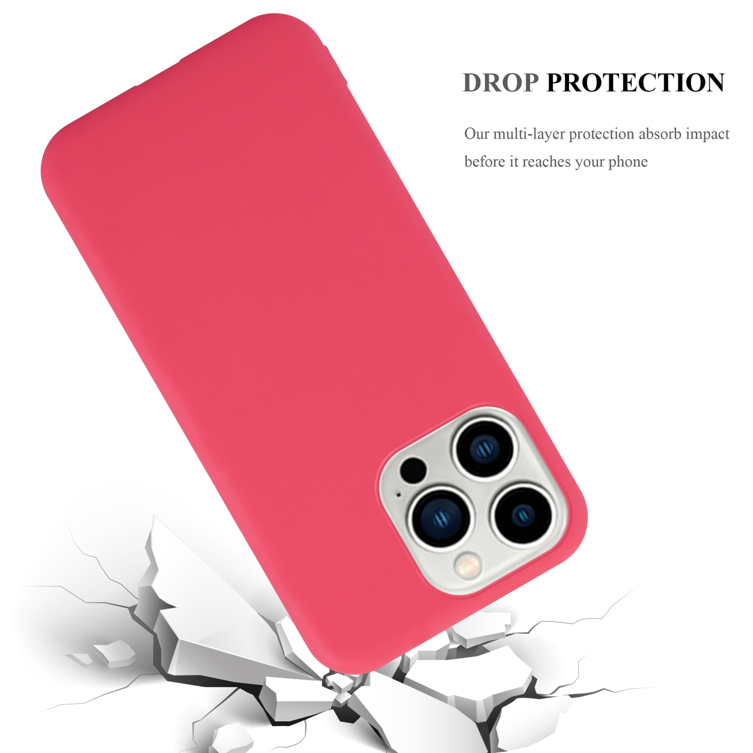 Rote Handyhülle fällt, mit Text Drop Protection, und weißem, zerbrochenem Boden.
