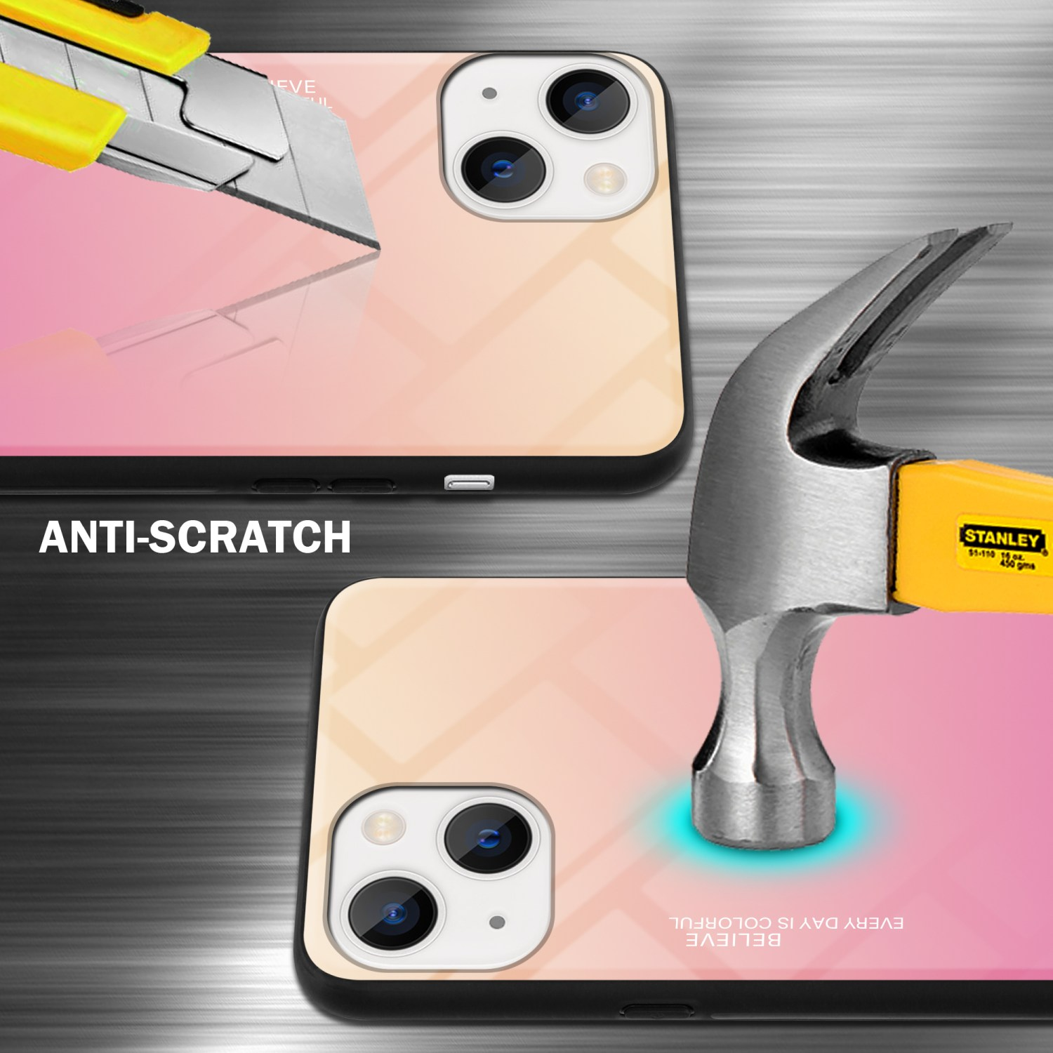 Handyhülle mit Telefon, das geschnitten und mit Hammer geschlagen wird. Anti-Kratz-Etikett.