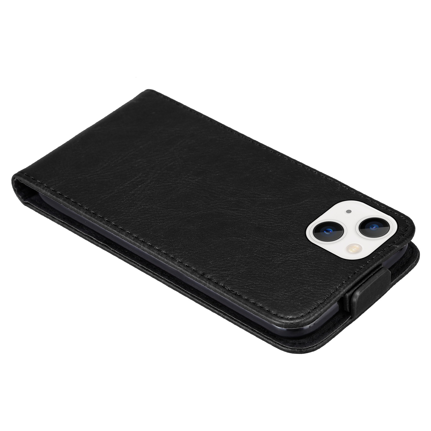Schwarze Leder-Handyhülle, geöffnet. Das Telefon hat zwei Kameras.